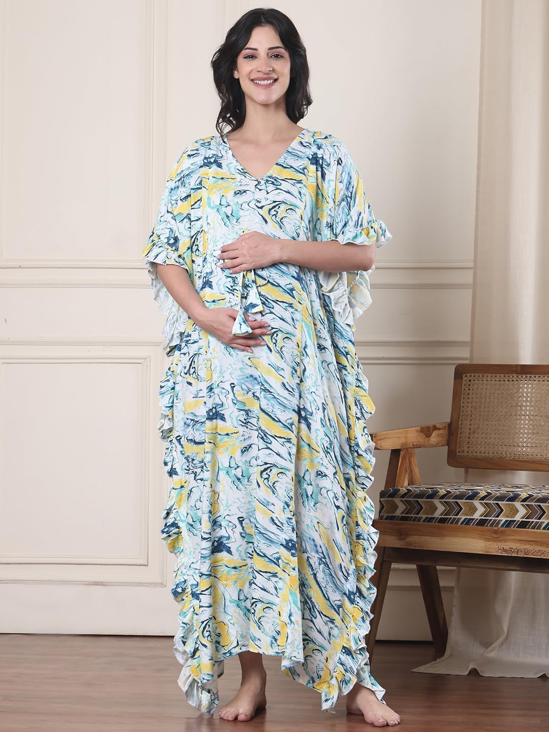 Secret Wish Blue Marble Rayon Maternity Kaftan/Maxi Nighty/Free Size/Feeding/Nursing/Zipper/Drawstring image number 1