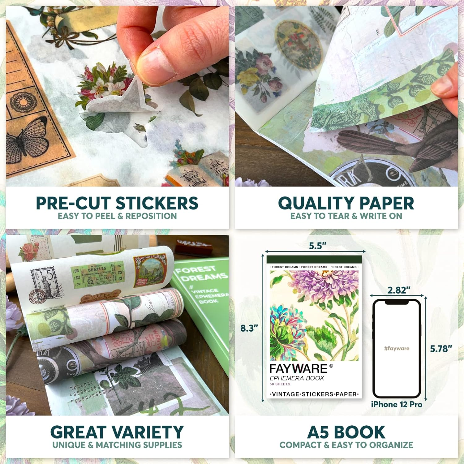 FAYWARE Washi Vintage Stickers for Scrapbooking - Vintage Ephemera for Junk Journals with 453 Botanical Stickers,20 Decoupage Papers. Aesthetic Sticker Book for Journaling Supplies,Art Bullet Journals