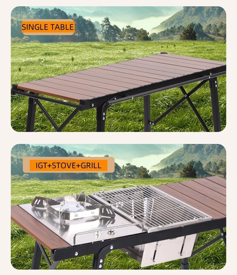 Portable Camping Table with Rolled Top Aluminum Design, Height Adjustable, 89 X 45 X 43, Wood Grain Effect, Stove Not Included image number 2