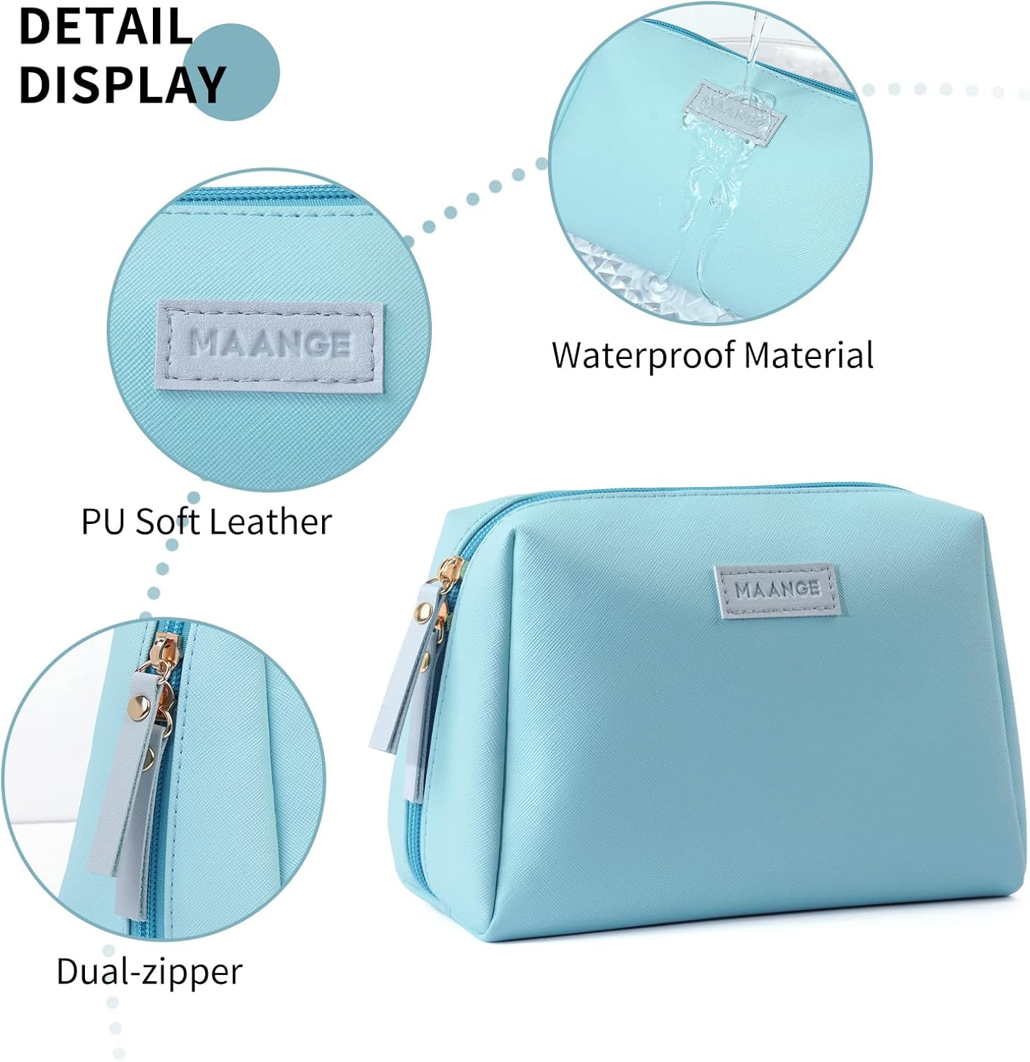 MAANGE Small Makeup Bag for Woman Cosmetic Bag with Zipper Travel Makeup Bag of Soft PU Leathercute Make up Pouch, Blue, Large image number 2