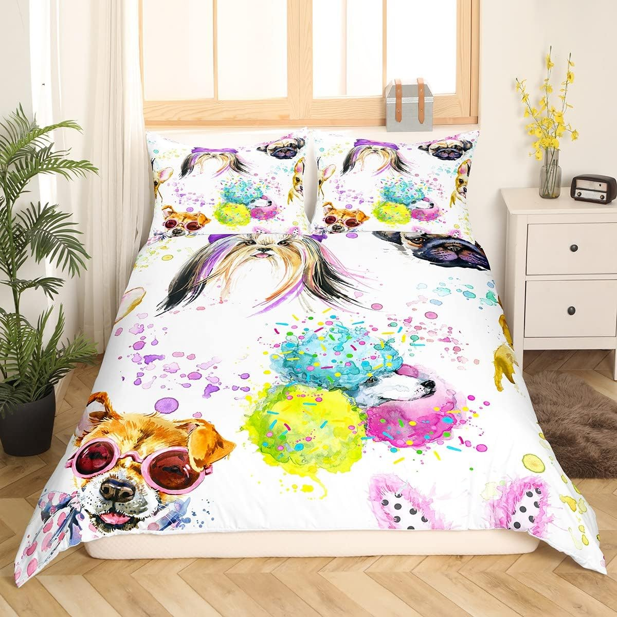 Puppy Duvet Cover Kawaii Bed Linen Set Shar Pei Gifts for Dog Lovers Silk Terrier Poodle Comforter Cover Sharpei Doll Dog Bed 220 X 240, Watercolour Bulldog Pet Cute Room Decor image number 2