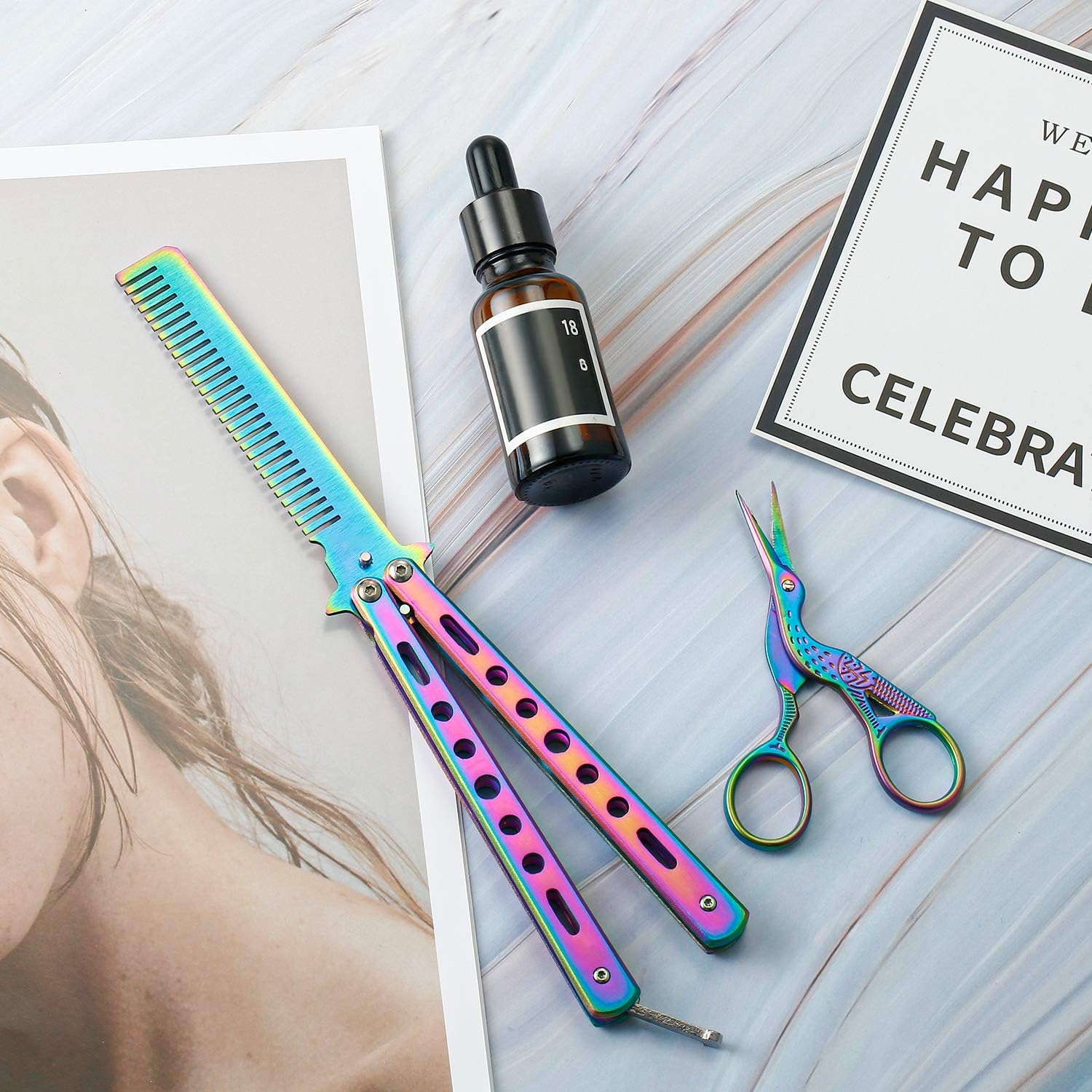 2 Pieces Combs Stainless Steel Folding Practice Combs Hair Styling Tools for Sport Outdoor Use (Colorful) - Blue image number 6