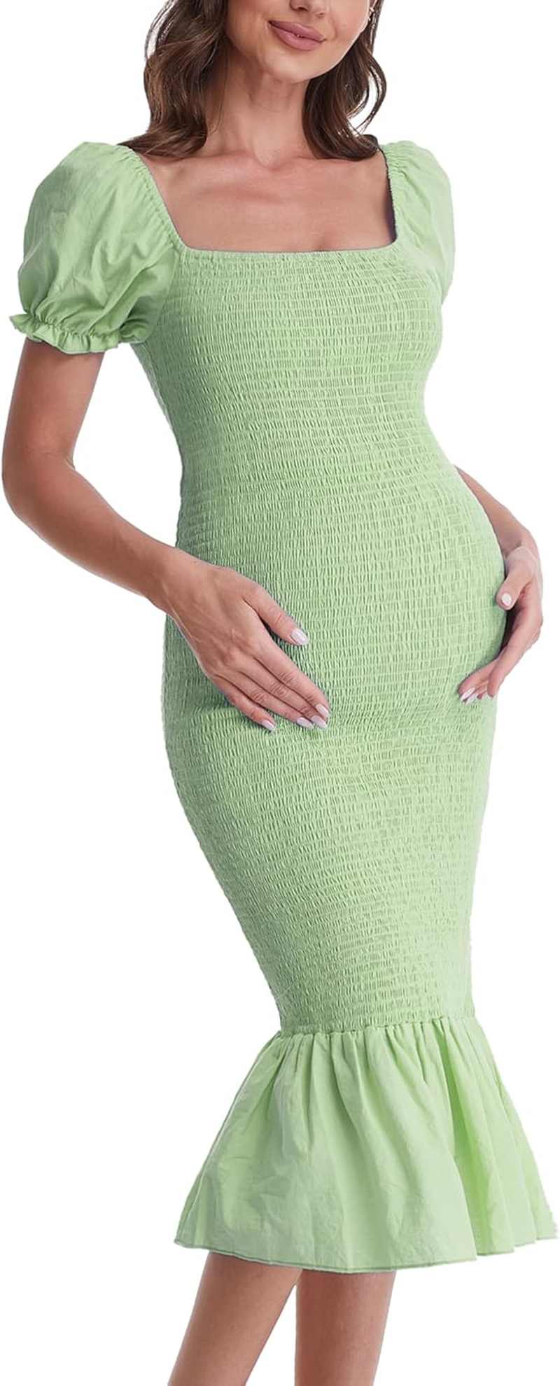 Maternity Summer Midi Bodycon Dresses, Short Puff Sleeve Square Neck Ruffle Hem Mermaid Baby Shower Dress image number 2
