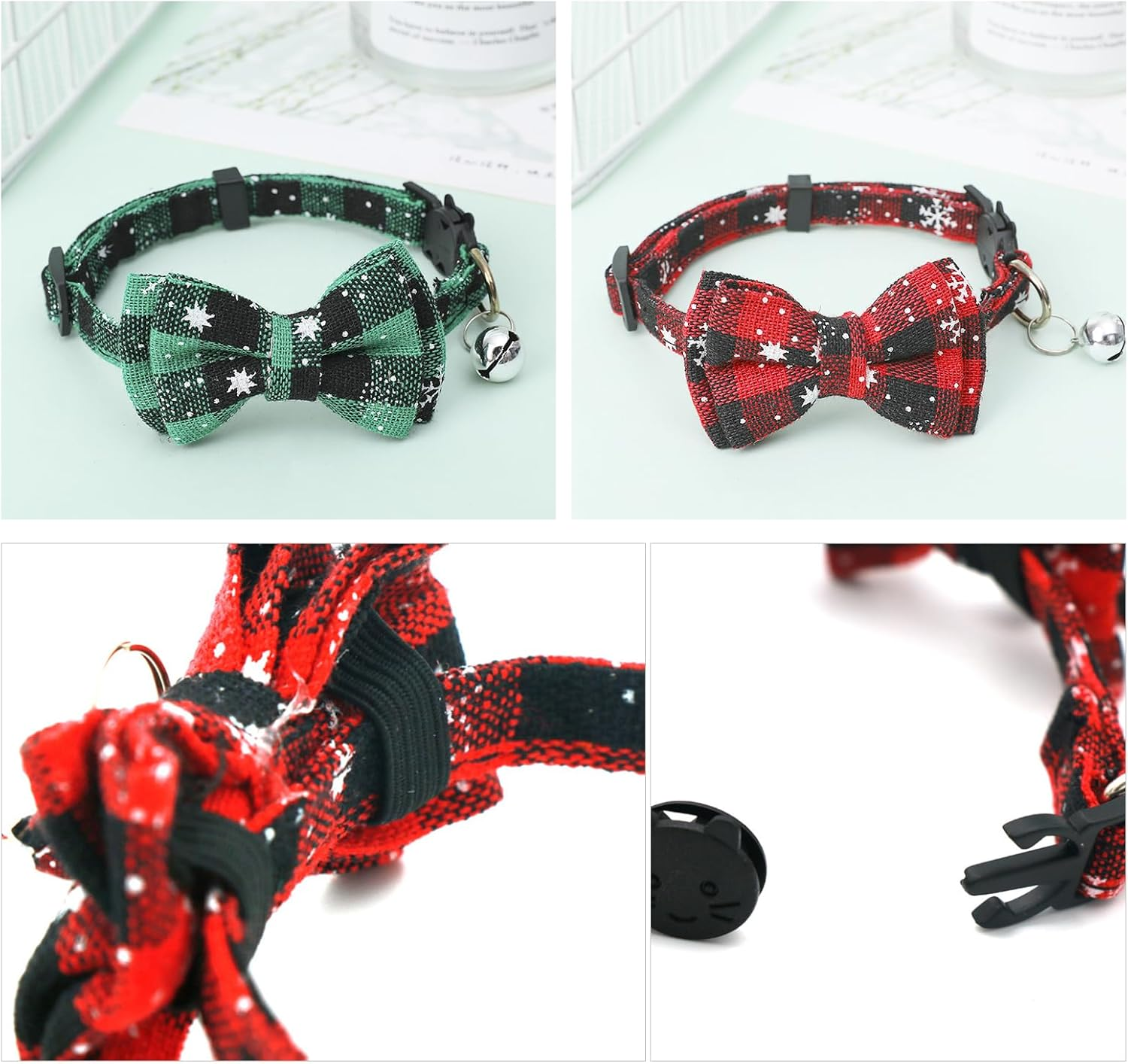 2Pcs Christmas Cat Bow Tie Collars with Bells, Adjustable Cat Collars with Quick Release Buckles, Christmas Red Green Plaid Kitten Collars Bow Ties, Cat Dog Pet Christmas Outfit Costume Accessories image number 1