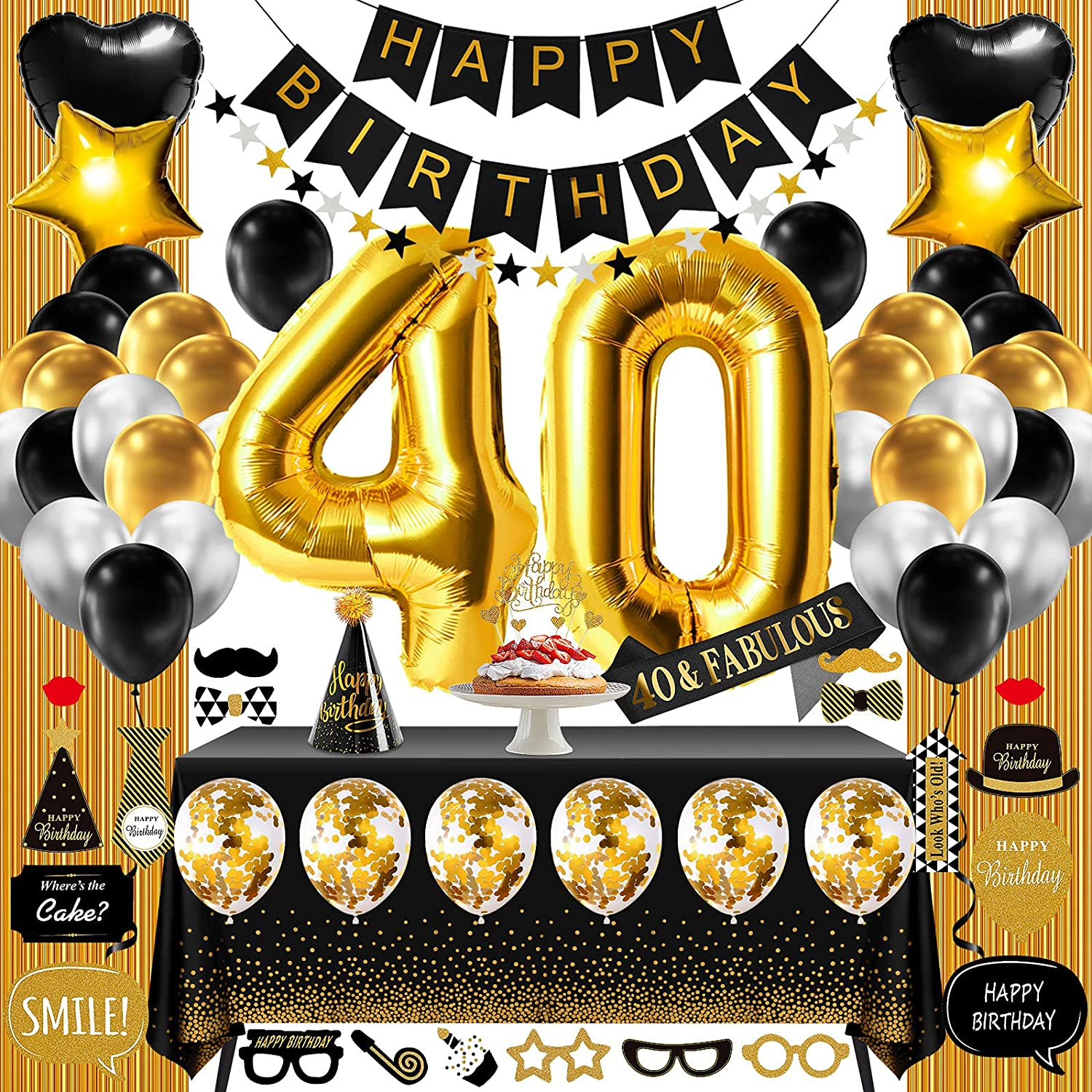 40Th Birthday Decorations - Black & Gold Party Supplies for Him & Her, Including Banner, Curtain, Tablecloth, Photo Props, Foil Balloons, Sash image number 1