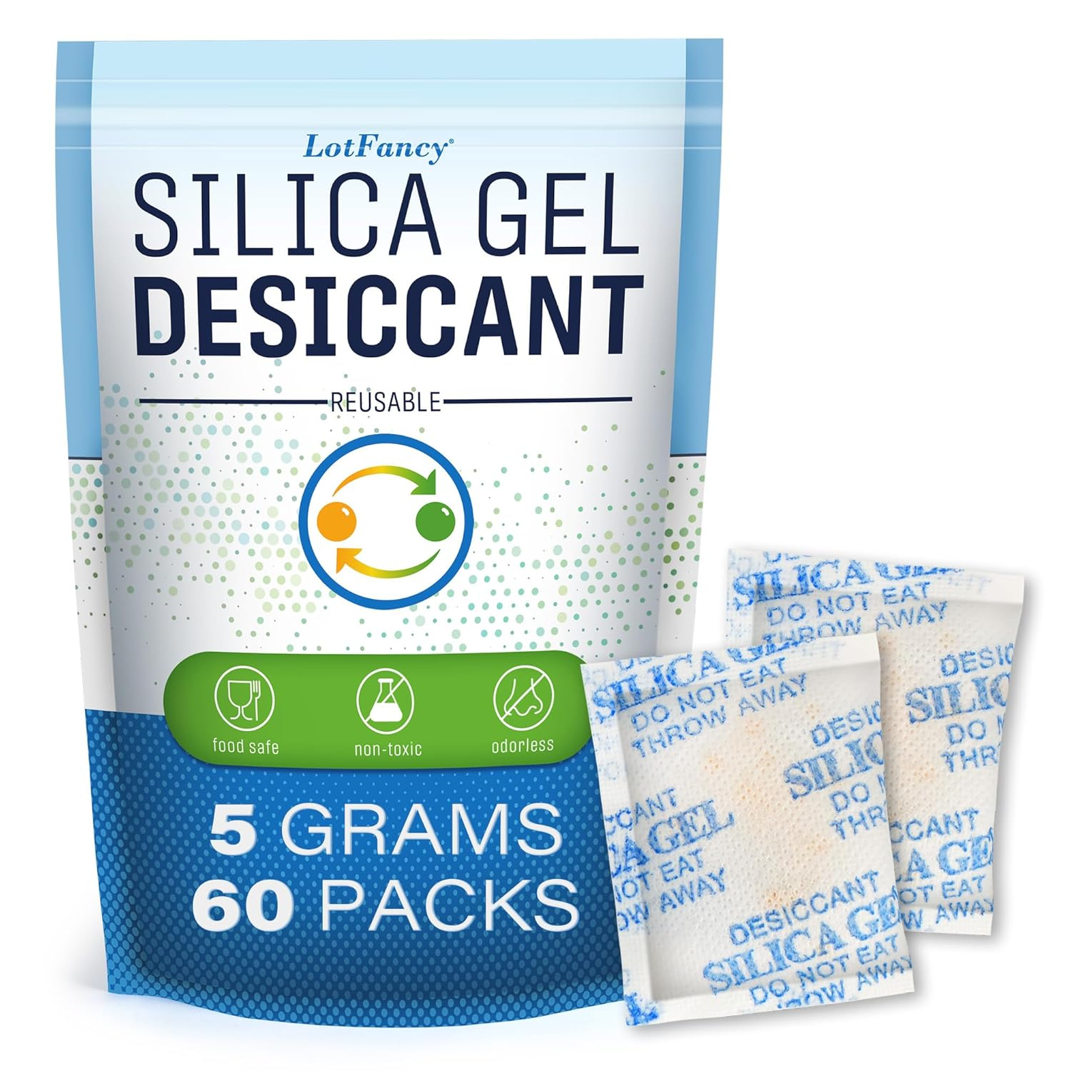 Lotfancy 60Packs, 5G, Silica Gel Dehumidifier, Desiccant, Food Safe, Odorless, Non-Toxic, Rechargeable, Moisture Absorber for Gun, Document, Cabinet Storage, 2.1Inx1.7In image number 3