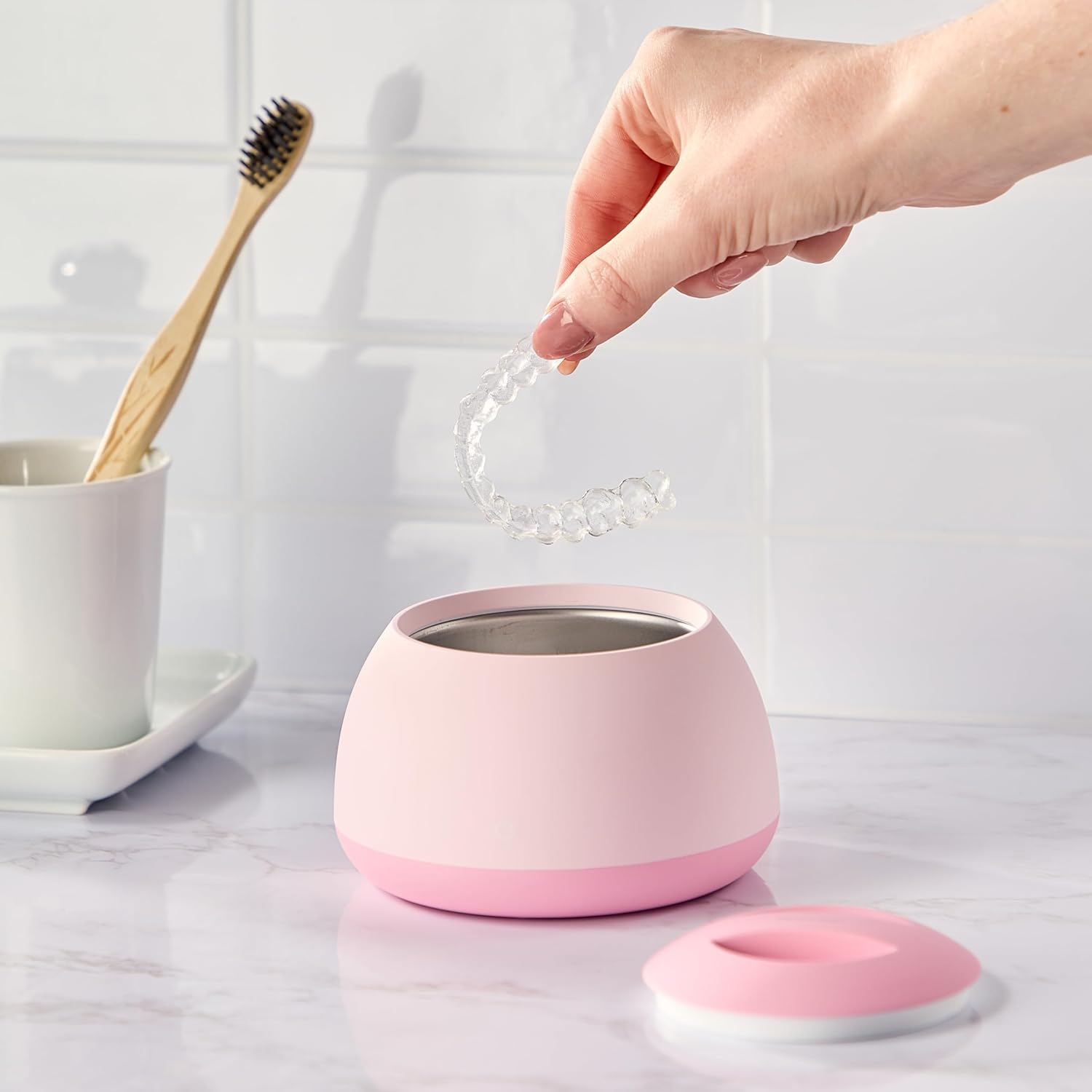 Dental Pod | Rose Pink | Retainer Cleaner | Dentures Cleaner | Ultrasonic Cleaning Machine for Dentures, Aligner, Retainer, Mouth Guard | Zima Dental image number 2