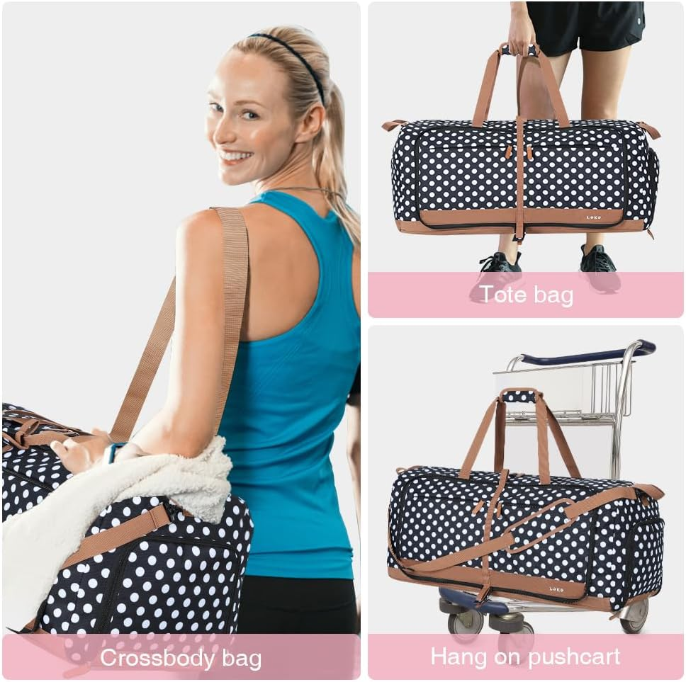 Lekesky Large Foldable Travel Duffe Bag - Waterproof Holdall Luggage Bag with Shoes Compartment, Weekend Overnight Sports Bag for Women and Men, White Dots, 80L, Travel Bag