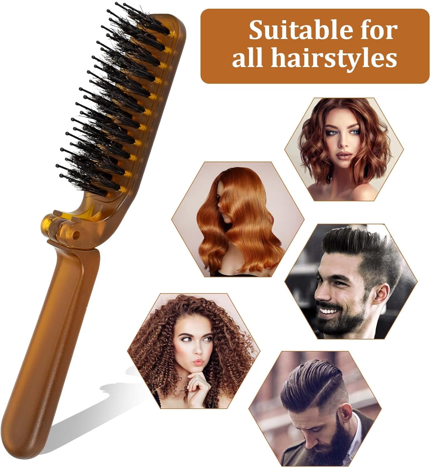 Folding Hair Brush Boar Bristle Brush Portable Hair Massage Comb Men'S Brush Foldable Pocket Size Anti-Static Hairbrush Quick Dry Travel Massage Brushes for Brushing, Combing, Slicking image number 2