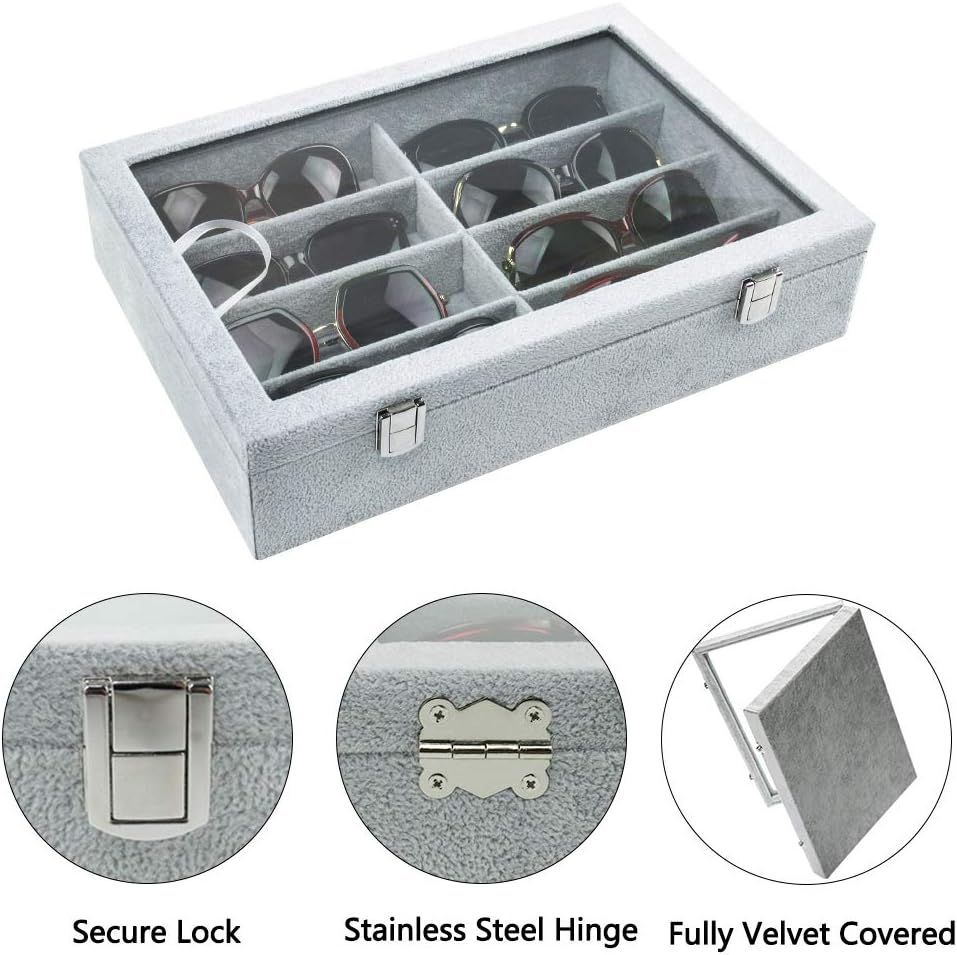 Tasybox Sunglasses Organizer Eyeglass Holder 8 Slot Eyewear Storage Box Velvet Display Case for Women and Men Grey - Grey image number 3