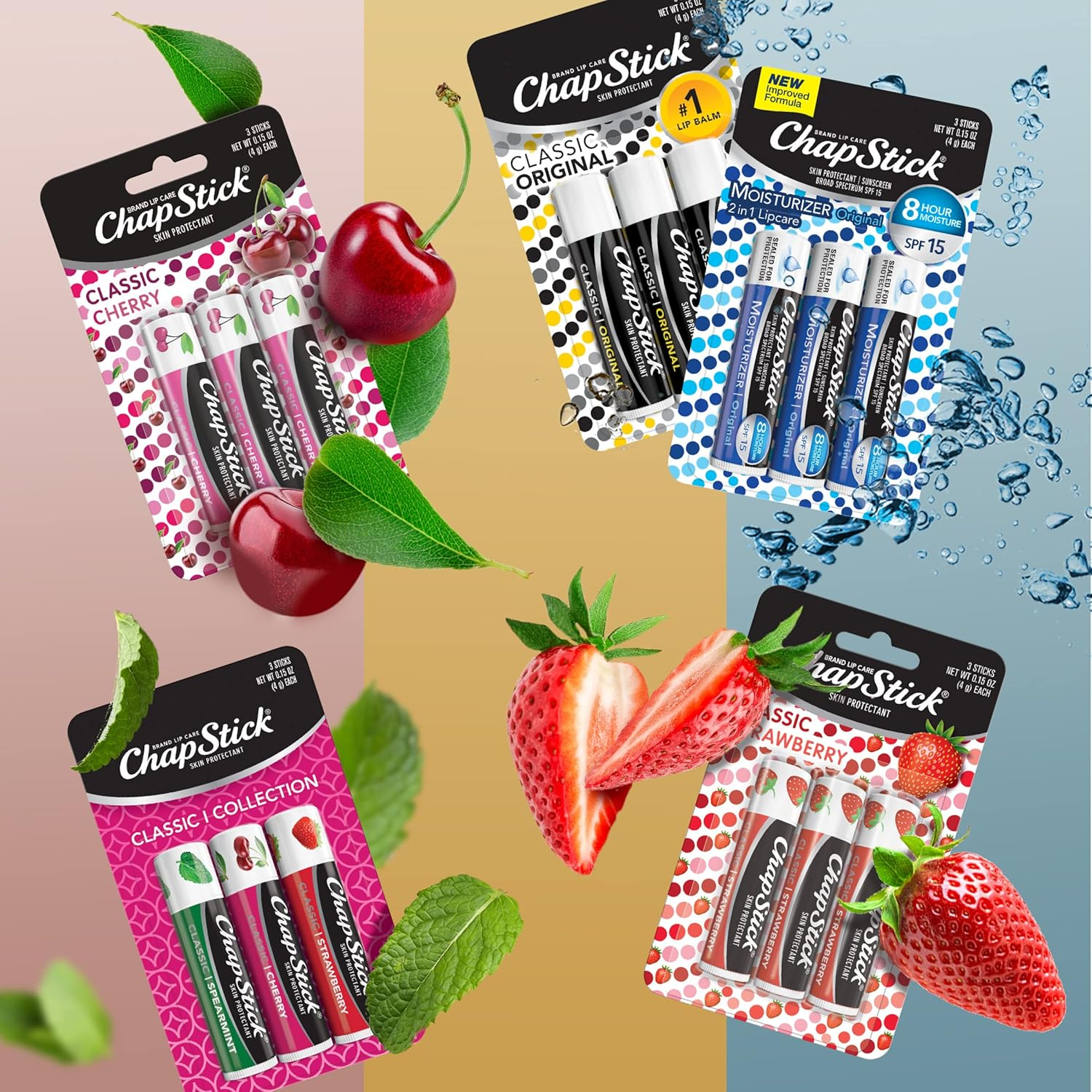 Chapstick Classic Collection Lip Balm Pack, Original, Cherry, Strawberry & Lip Moisturizer - Great Gifts for Women & Men and Stocking Stuffers,3 Count,Pack of 5 image number 5