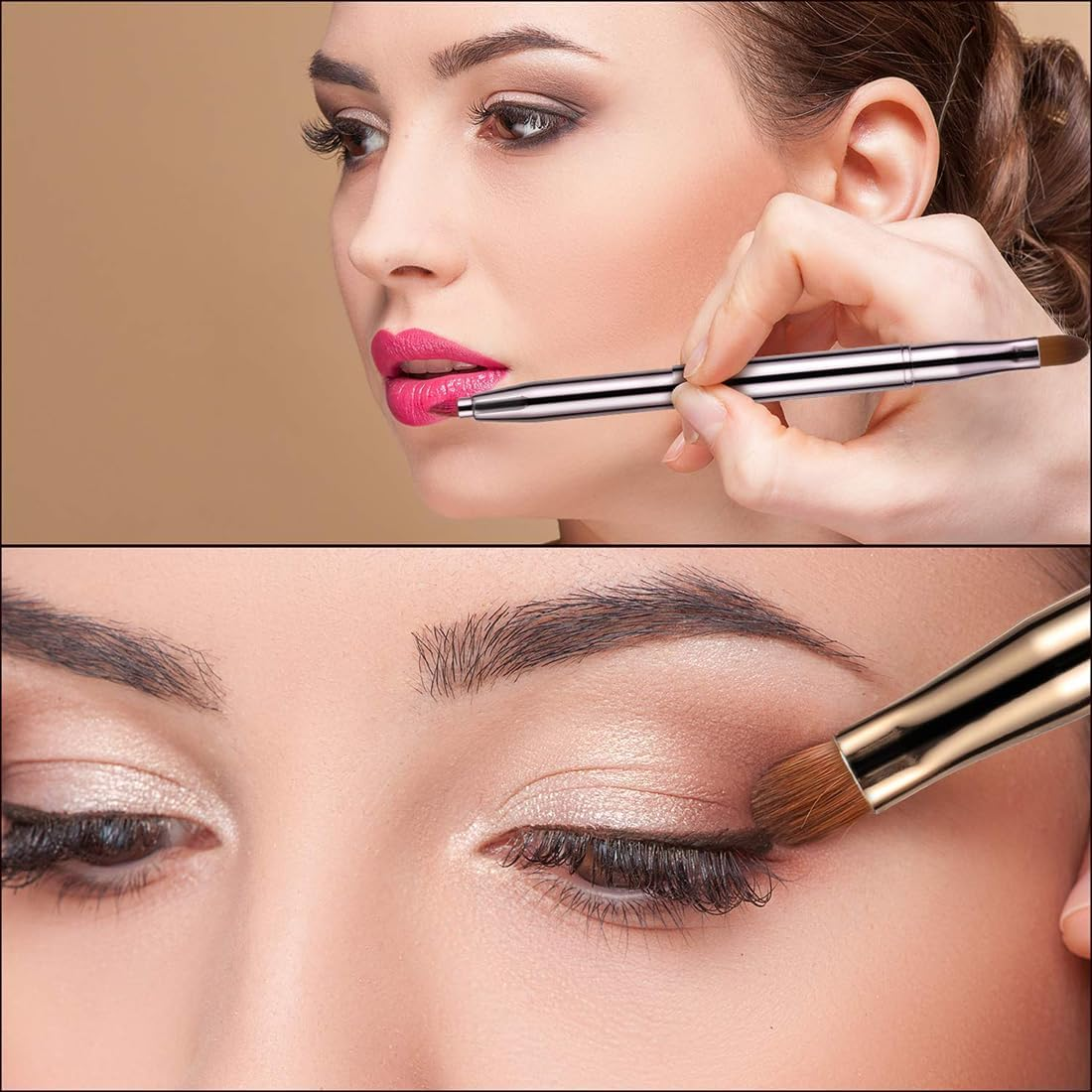 3 Pack Retractable Double-Ended Lip Brush, Lipstick Liner Brush, Lip Gloss Applicator, Soft Synthetic Bristles, Gold, Silver, Rose Gold image number 1