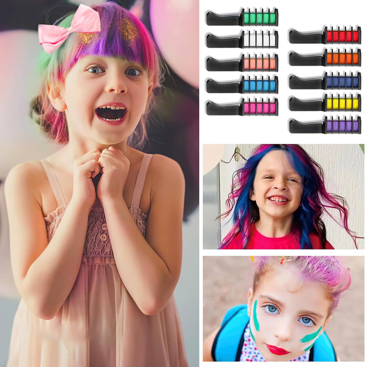 Hair Chalk Comb, Temporary Hair Colour Comb, Non-Toxic Hair Chalk for Girls, Hair Chalk, Glitter Tattoos Set for Carnival, Cosplay, Party, Christmas, Halloween, Pack of 10