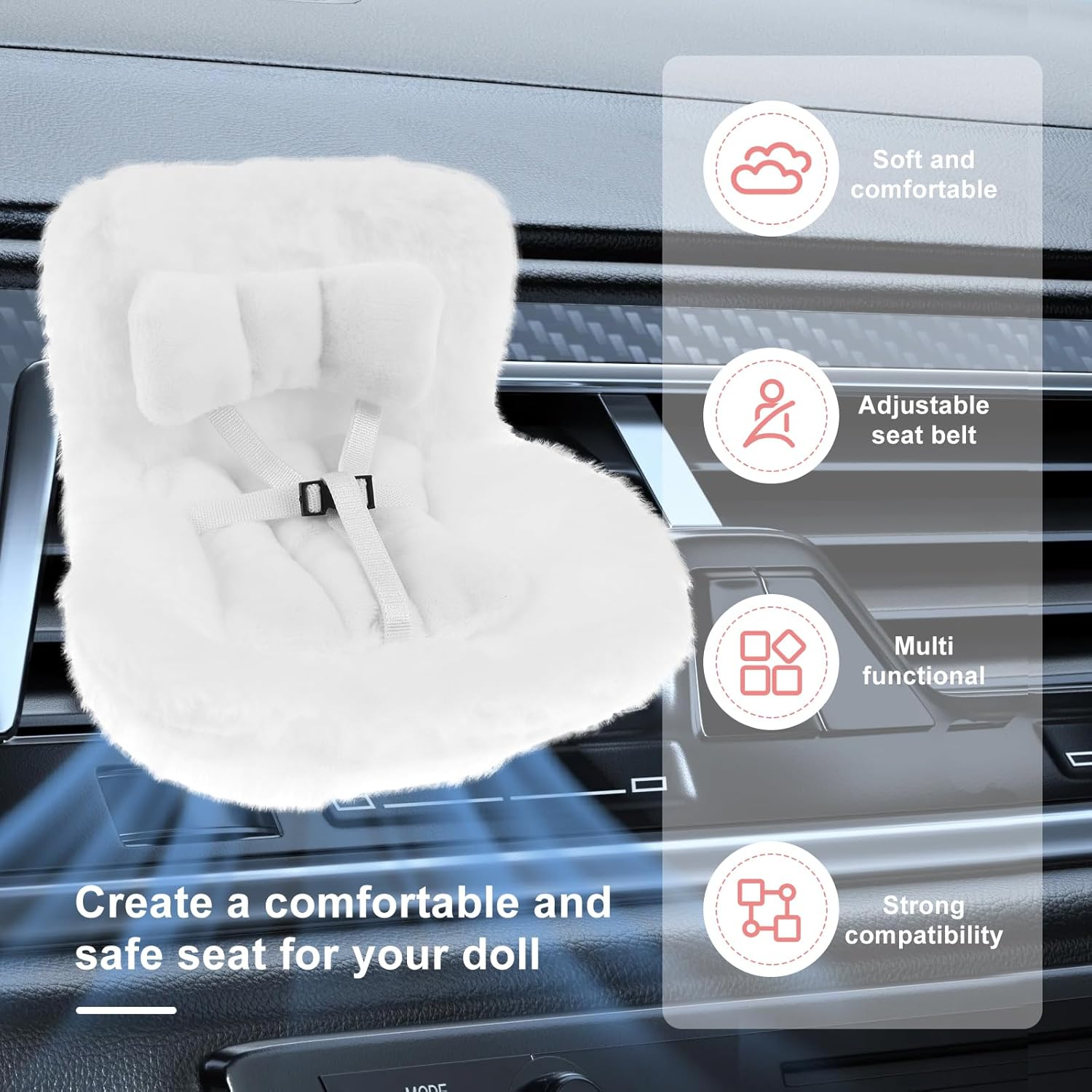 Car Seat for Dolls with Soft Furry Cushion, Car Ornament for Accessories Suit, Decorative Car Sofa Seat, Cute Air Vent Decor to Display Doll Toy for Fans and Collectors (White) - White image number 6