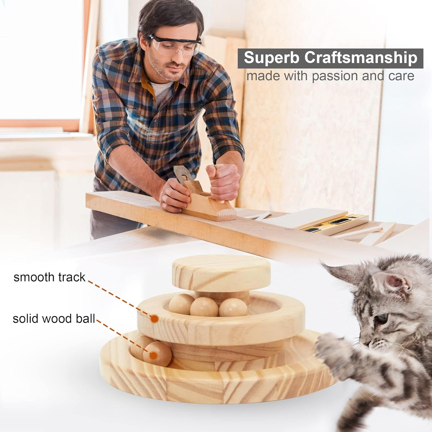 Wooden Cat Ball Track. This Interactive Cat Toy Will Help Your Cat Exercise and Relieve Stress and Boredom image number 4