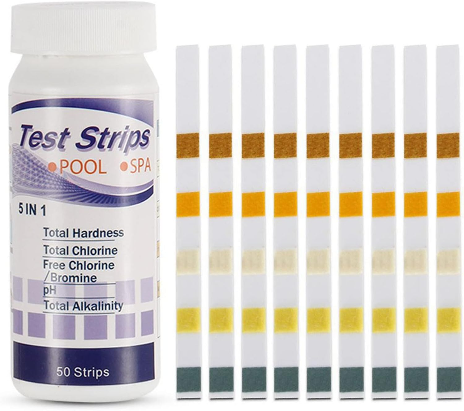 Staright 5 in 1 Pool Test Strips - Chlorine, Ph, Alkalinity, Hardness, Cyanuric Acid - 50Pcs image number 2