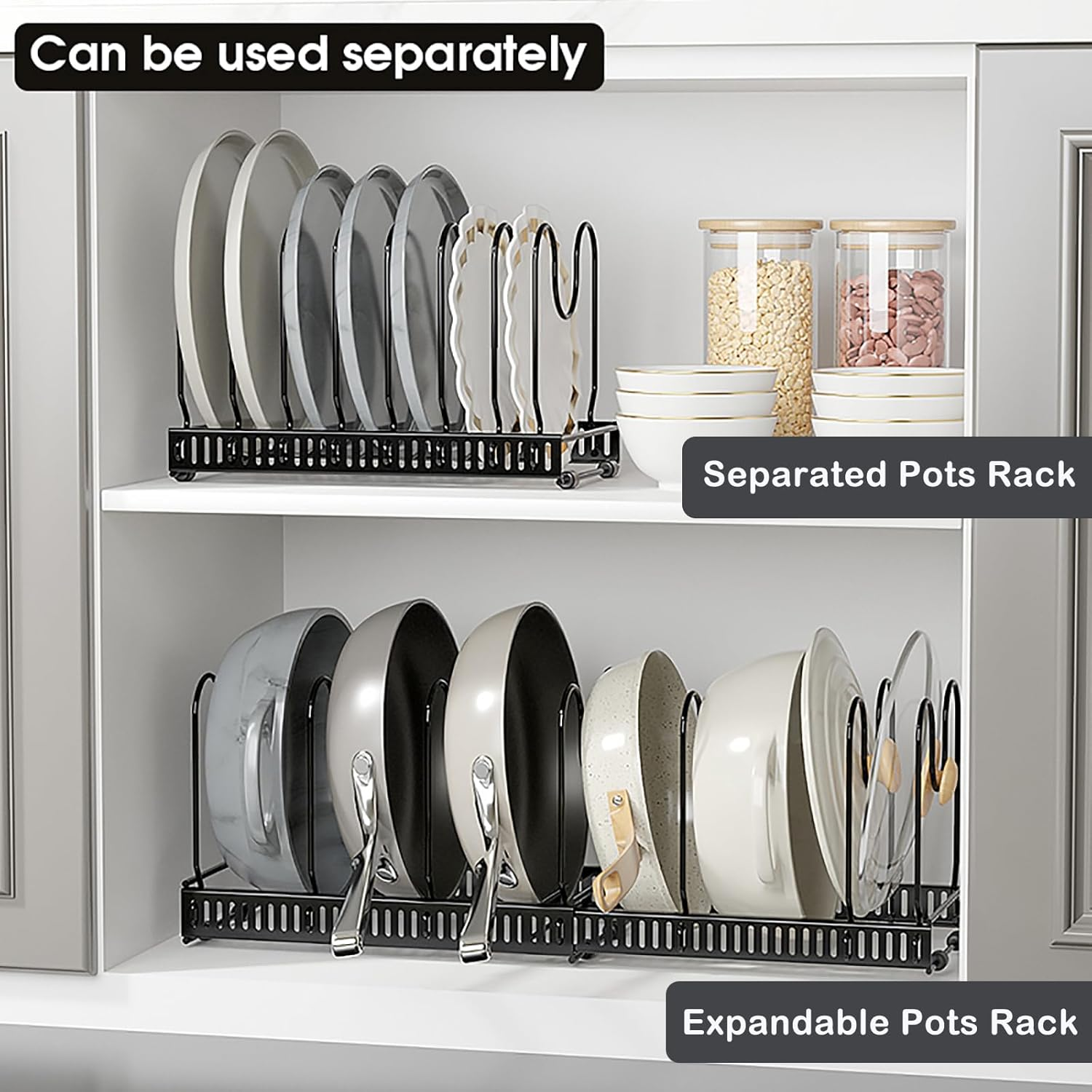 Merrynine Expandable Pans Organizer Rack, 10 Adjustable Compartments, 30-58 CM, Cookware Holder for Pantry or Cabinet, Kitchen Home Storage & Organisation, Black image number 2