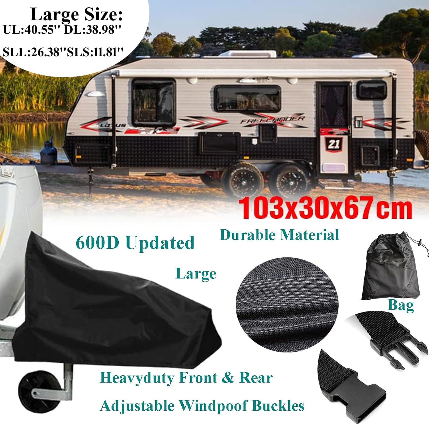 600D Oxford Caravan Hitch Cover,Heavyduty Caravan Drawbar Tow Hitch Cover Camper Trailer with Buckles,Large Size,103 * 99 * 67 * 30Cm image number 2