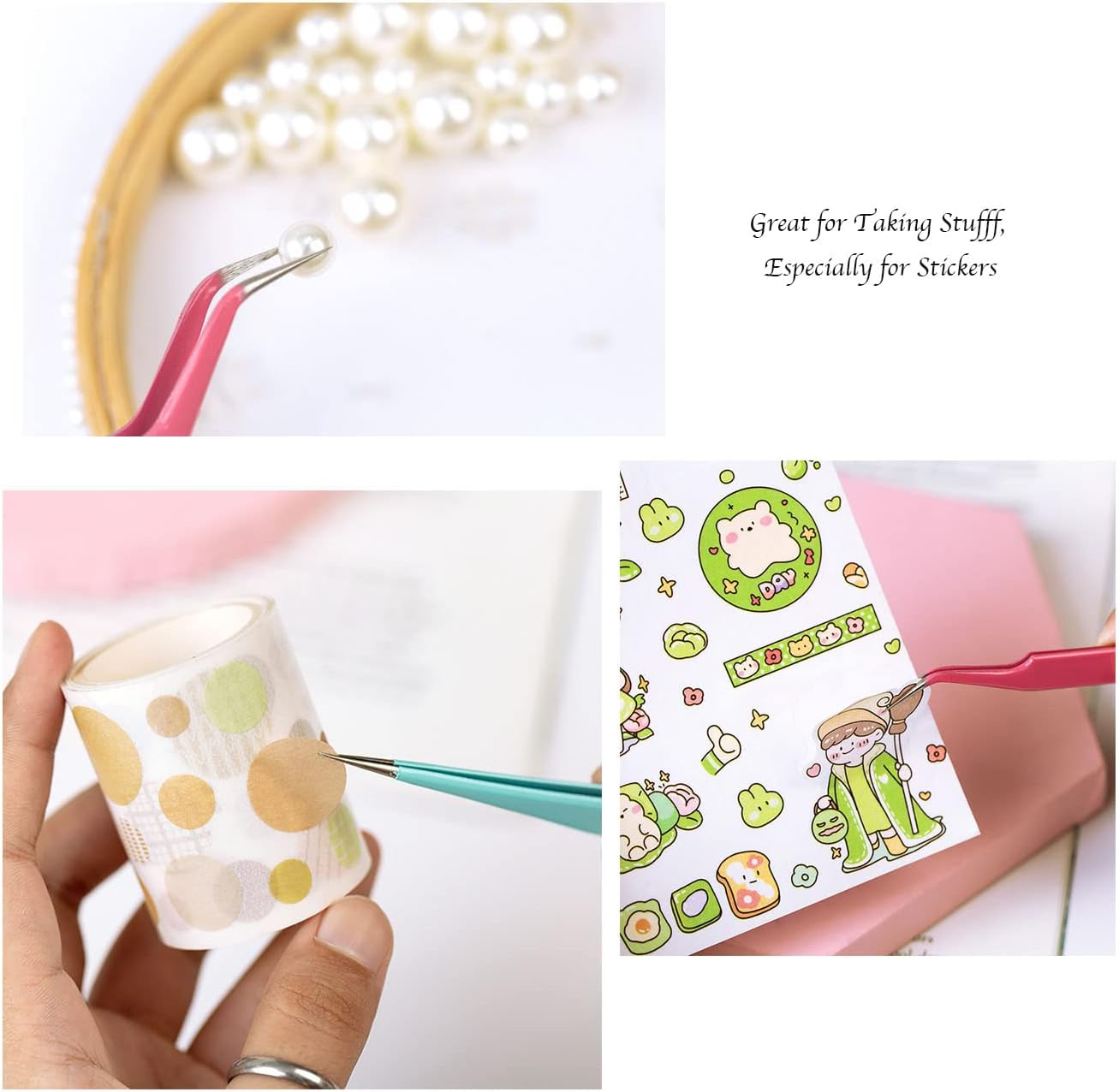 MAXLEAF 2Pcs Stainless Tweezers Straight Curved Tweezers for Stickers Eyelash Extensions Precision Electronics Nail Rhinestone Jewelry, Scrapbooking Tools (Yellow) - Green image number 3