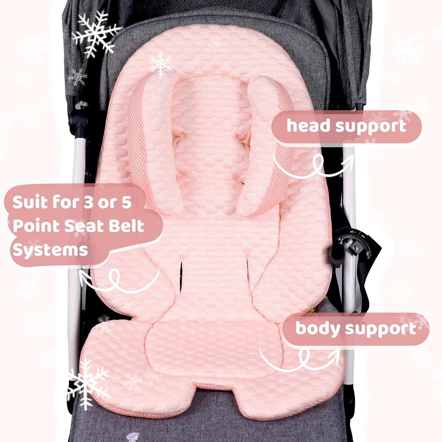 KAKIBLIN Infant Car Seat Insert for Baby,Cooling Pad Cooler Pad,Baby Head Support with Head Pillow, Breathable Fabric Cooling Cushion Liner Fits Strollers, Car Seat, High Chair, Bassinet, Swing image number 3