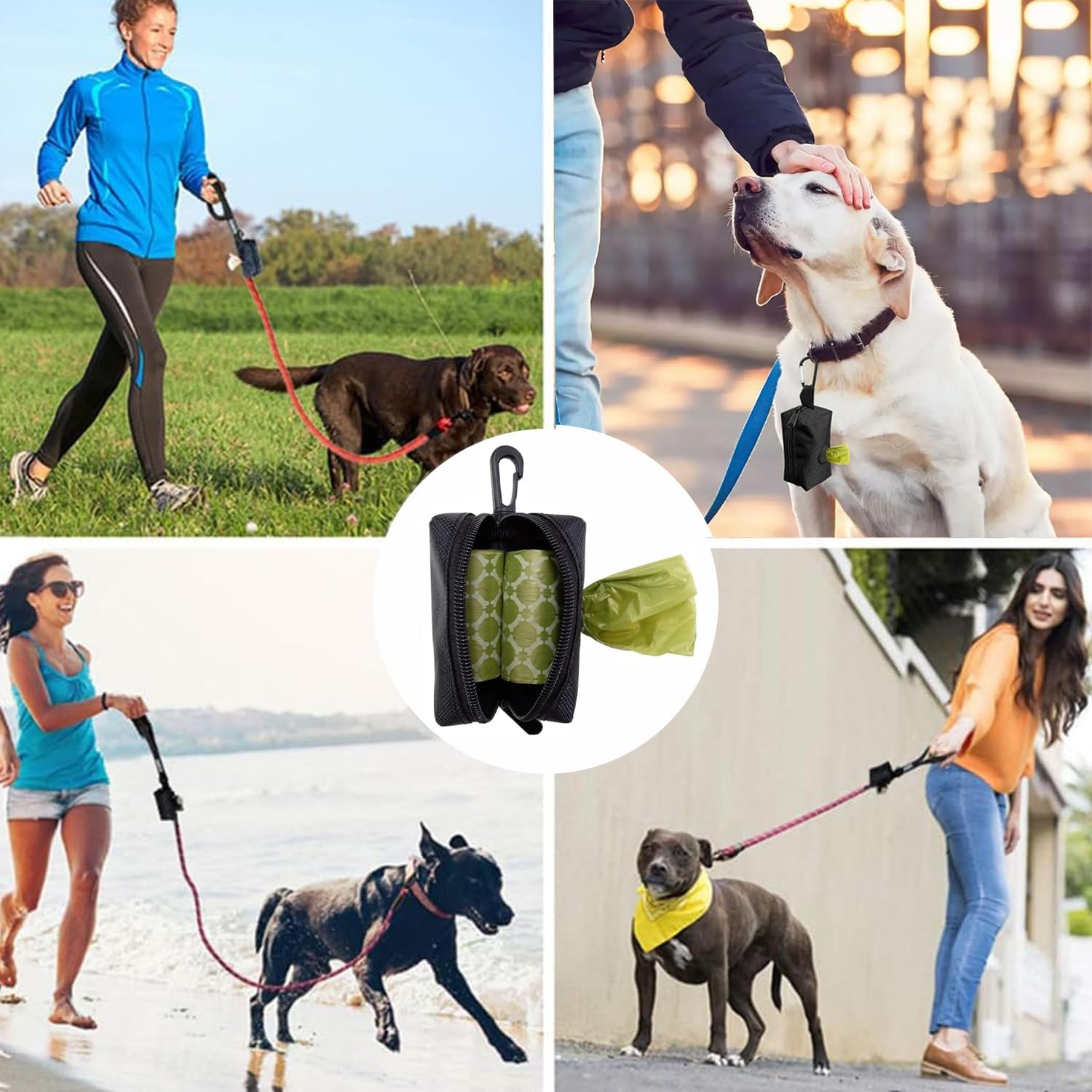 BEANPRECOY 2 PCS Dog Poop Bag Holder for Leash Attachment Waterproof Dispenser with Carabiner & 4 Pet Waste Bags Hands-Free Design for Walking Running Soft Fabric Zipper Fits All Leash image number 3