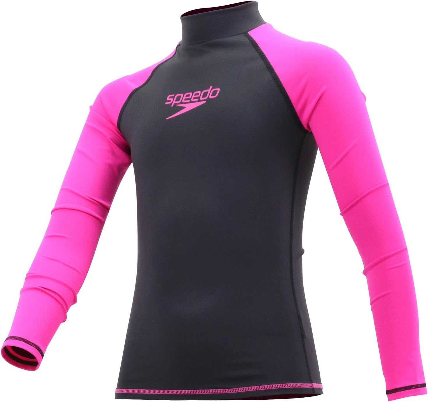 Speedo Essential Youth Girls Rash Guard Long Sleeves, UPF 50+ Sun Protection, Black/Pink - Size 8 image number 2
