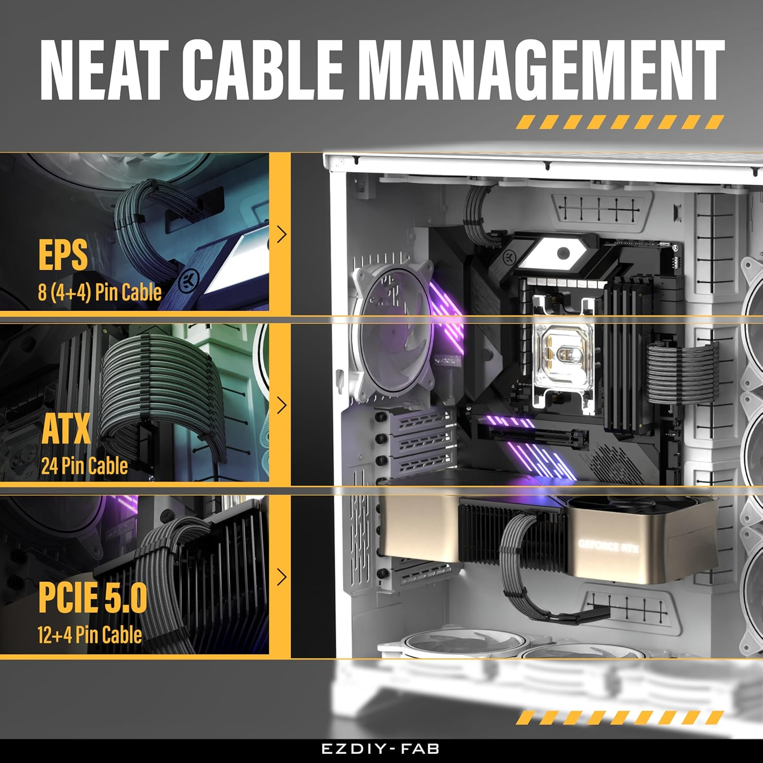 EZDIY-FAB 12VHPWR PSU Cable Extension Kit,16Awg PCIE 5.0 Power Supply Cable Extension- 1X 24 Pin ATX /2X 8Pin (4+4) EPS / 1X12+4 Pin GPU 300MM with Combs-Carbon image number 4