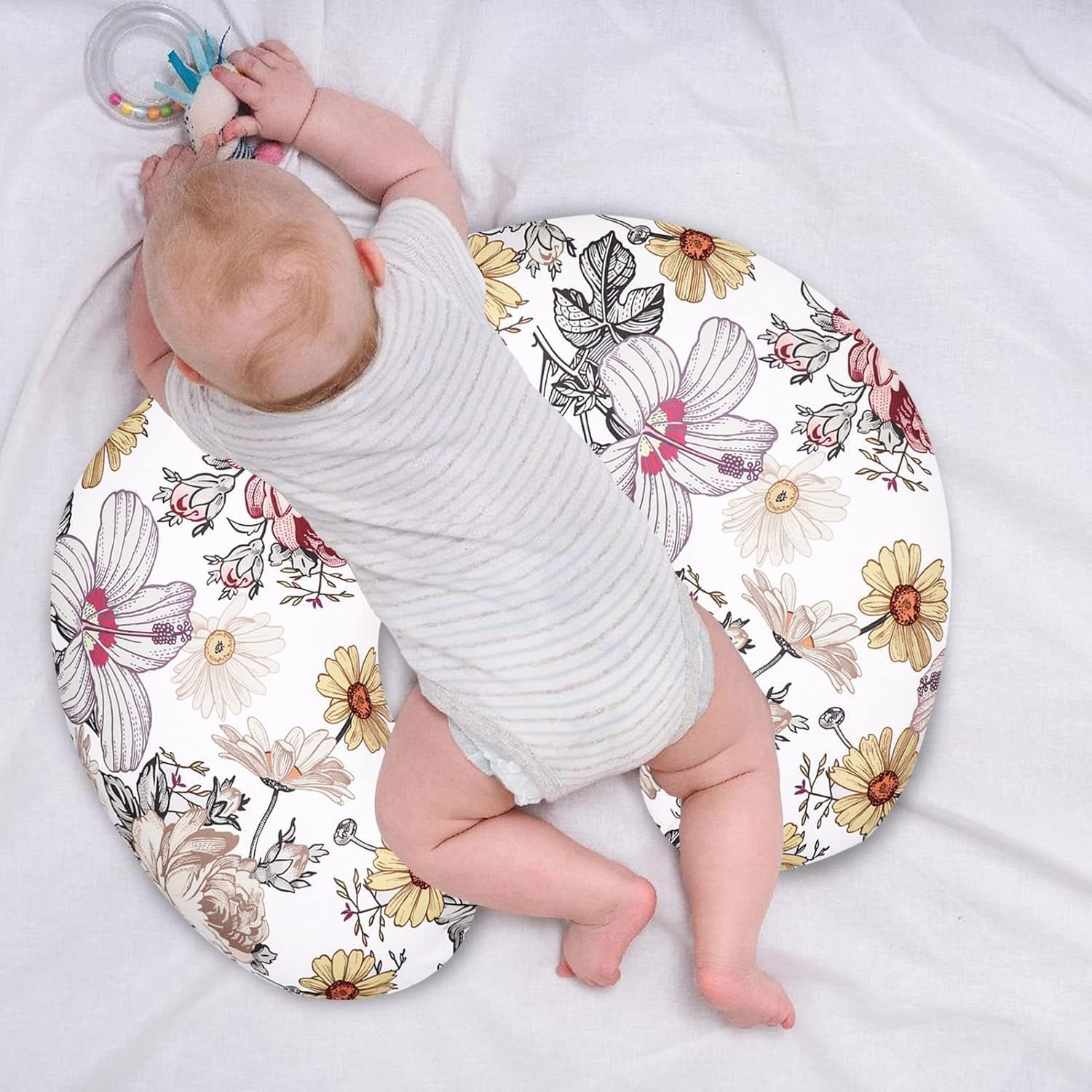 Floral Breastfeeding Pillow for Baby Girls, HNHUAMING Nursing Pillow with Stretchy Nursing Pillow Cover to Breastfeeding, Tummy Time, New Mom Essentials Breast Feeding Pillow