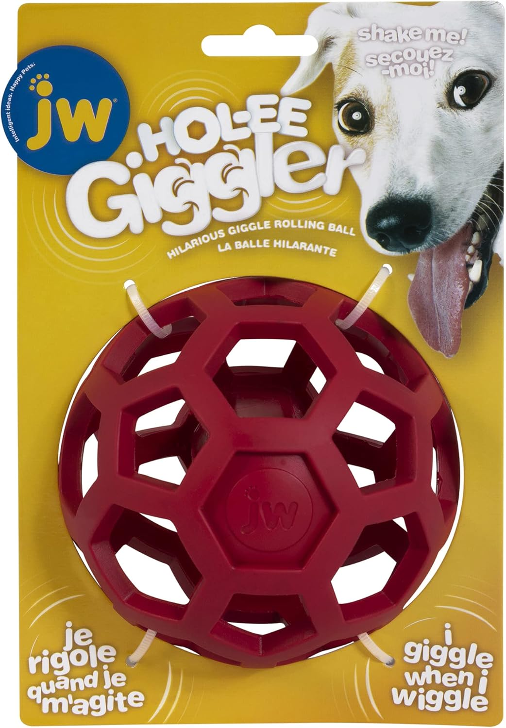 JW Pet Hol-Ee Giggler Dog Toy Puzzle Ball, Natural Rubber, Medium (4.5 Inch Diameter), Red image number 2
