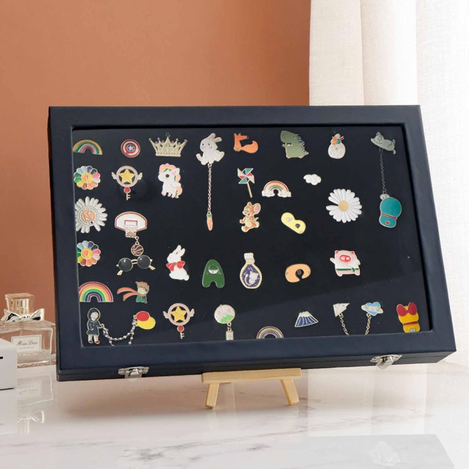 Dustproof Pin Display Case, Transparent Glass Cover Pin Collection Display Box Table Top Jewelry Display Case for Military Medals, Beach Tags, Jewelry Pin, Collectibles (S) image number 3