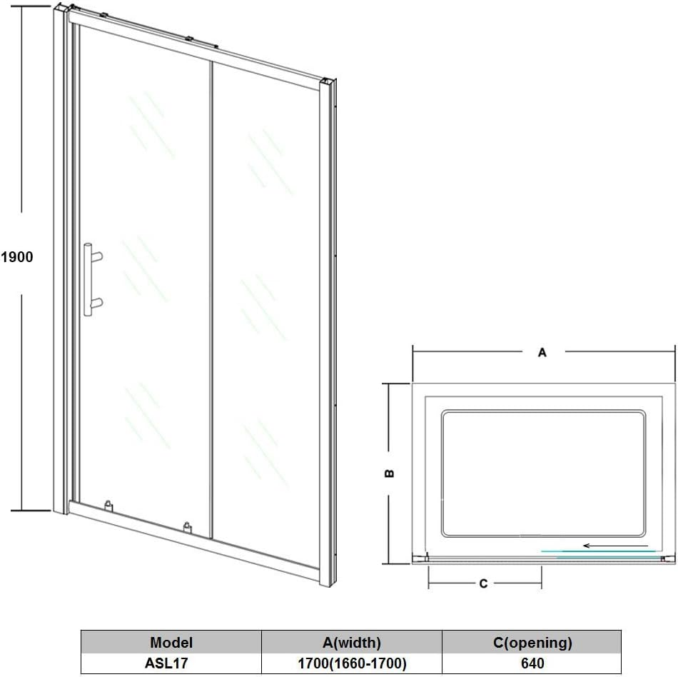 ELEGATN Framed Shower Screen Wall to Wall Sliding Door,Tempered Glass,Easy to Clean,1700&times;1900Mm image number 6