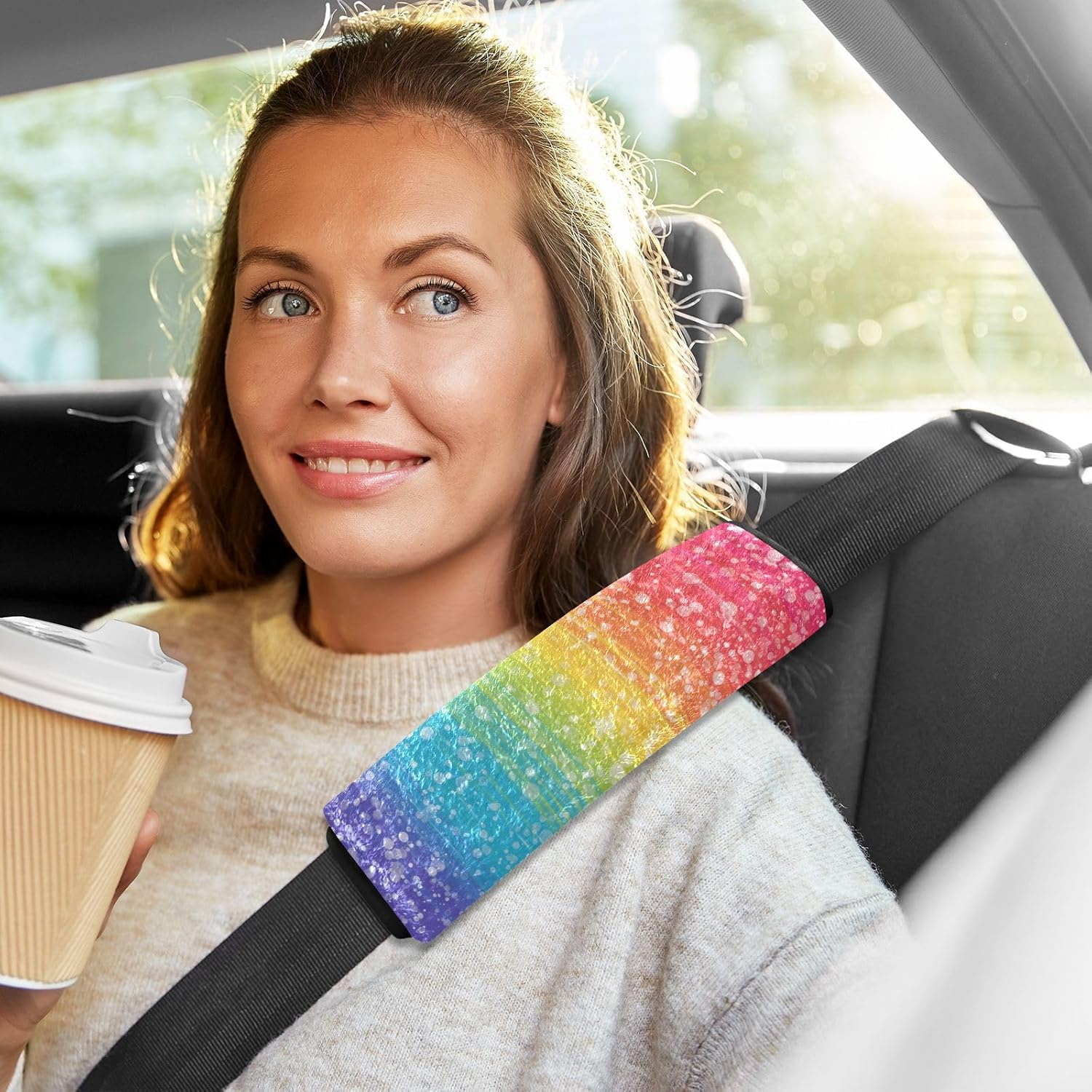 Glitter Rainbow Soft Seatbelt Cover, Padded with Cotton, Shoulder Strap Pads for Bags, Car Seat Strap Covers for Infant Car Seat image number 3