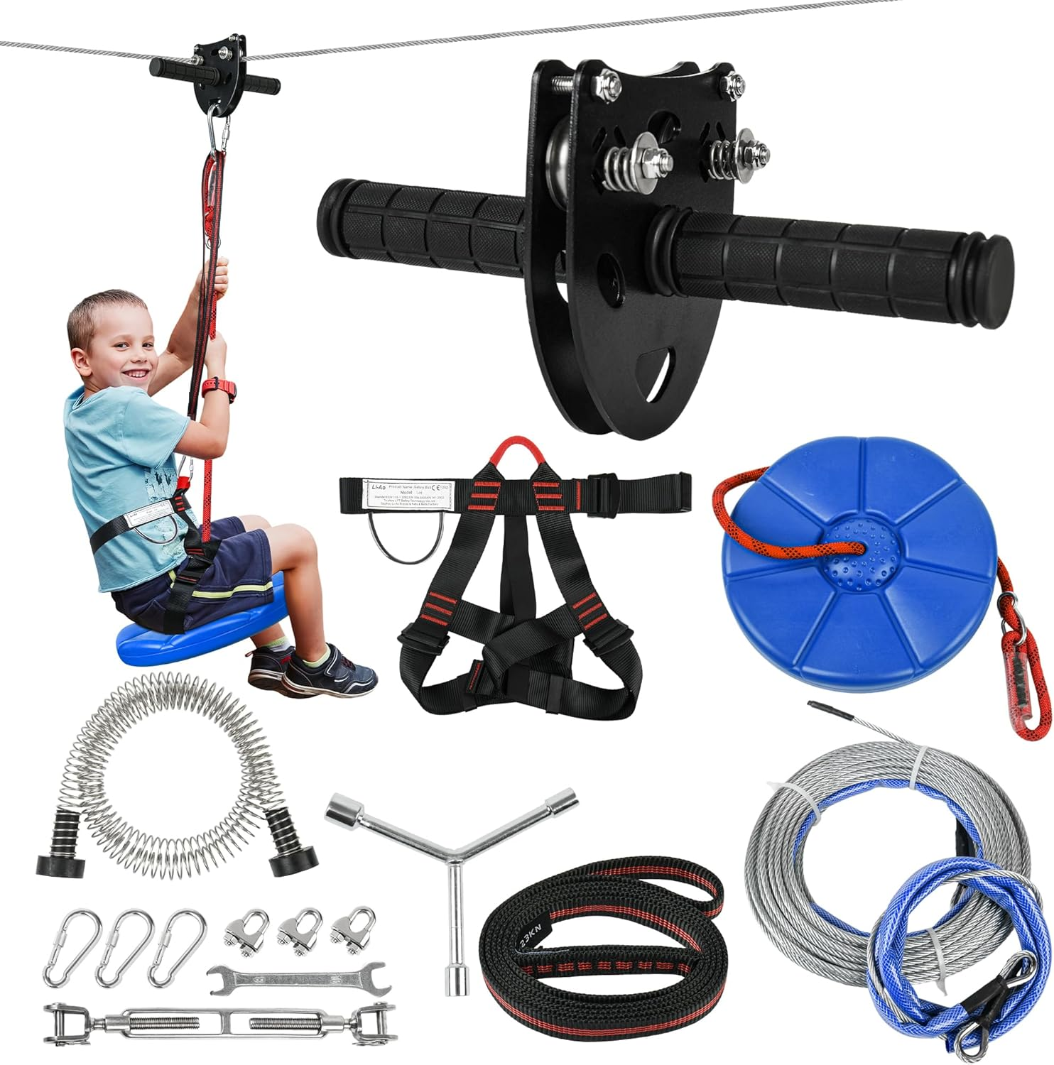 30M Zip Line Kit for Kids Adults.Up To160Kg, Updated Rust Proof Removable Design Trolley and Thickened Seat with Zipline Spring Brake and Safety Harness, Quick Tighten Zipline for Backyard Outdoor image number 2