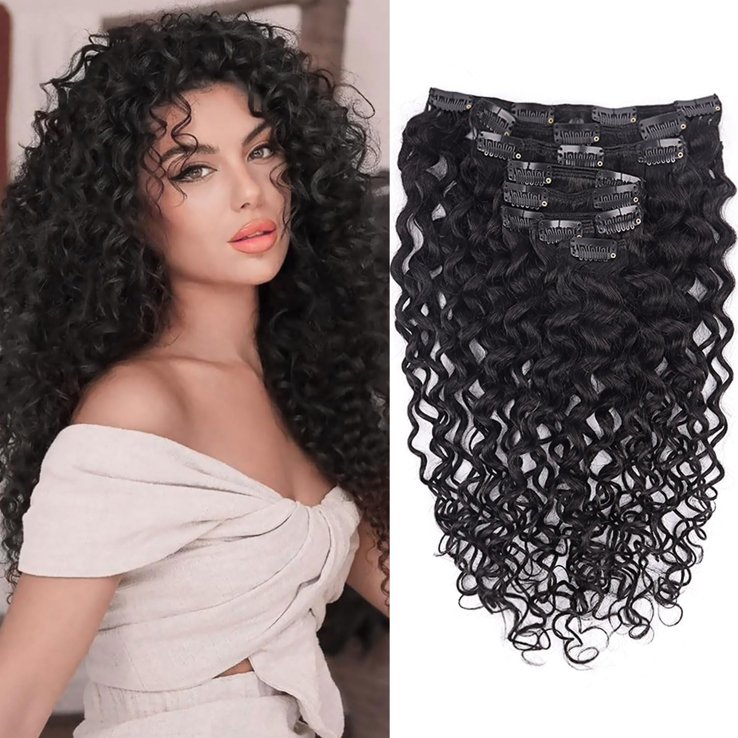 Fulang Hair Kinky Curly Clip-In Hair Extensions Real Hair 45 Cm 8 Pieces 120 G Dark Brown Hair Pieces Real Hair Extensions Clip-In Hair Extensions for Women