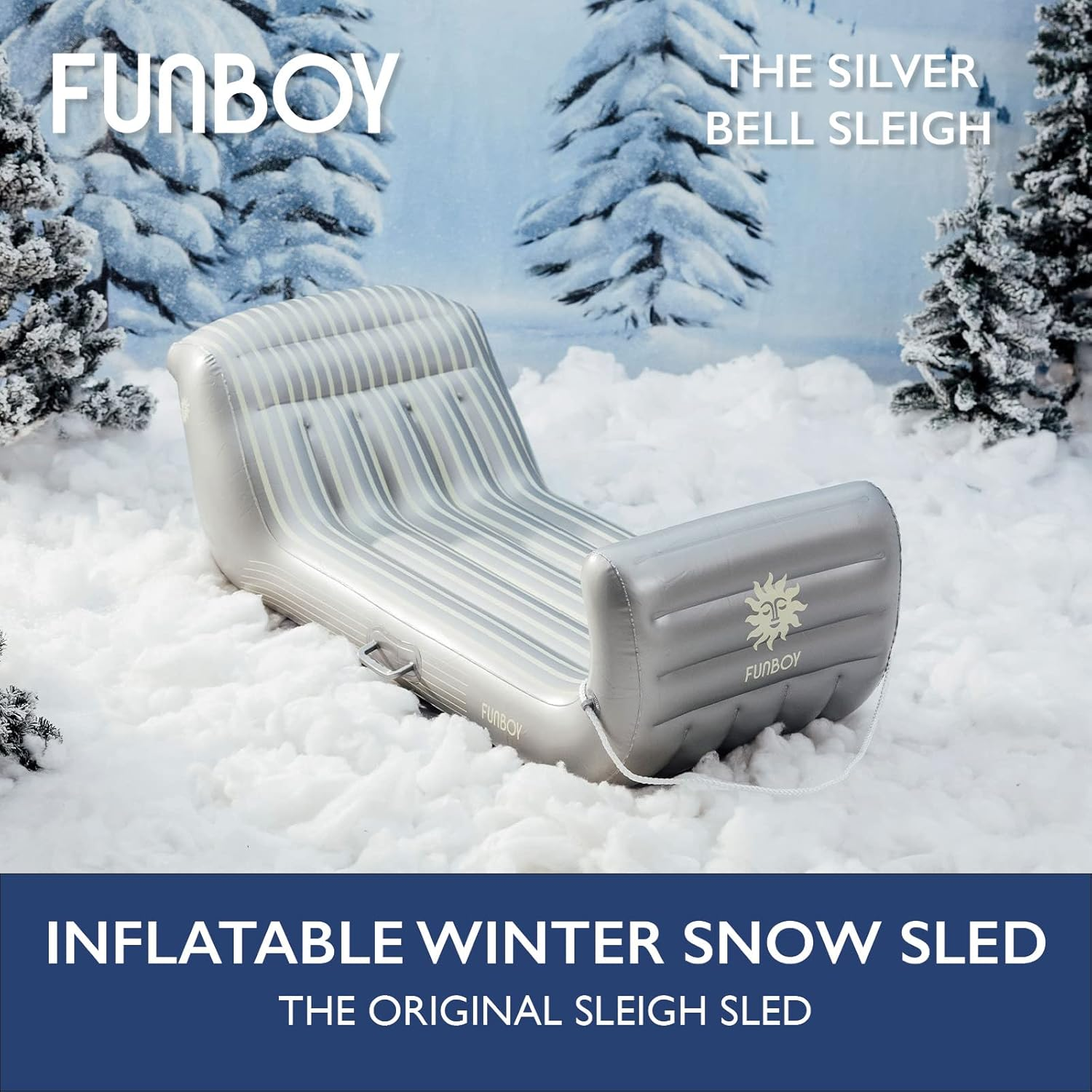 FUNBOY Inflatable Sleigh - Two Person Capacity Winter Snow Sled with Handles, Pull Rope, Rubber Base Tracks, Silver, Single - Retro image number 7