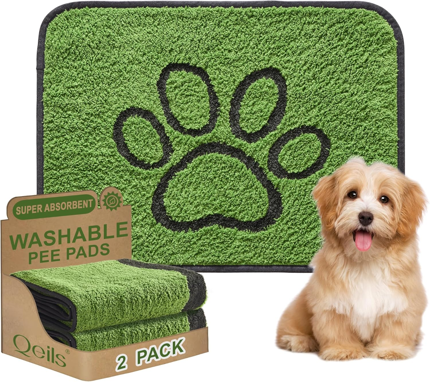 Qeils Washable Pee Pads for Dogs, 2 Pack Super Absorbent Reusable Puppy Pads with Green Long Wool for Potty Training, Floor, Couch, Bed, and Crate,18"X 24" image number 6