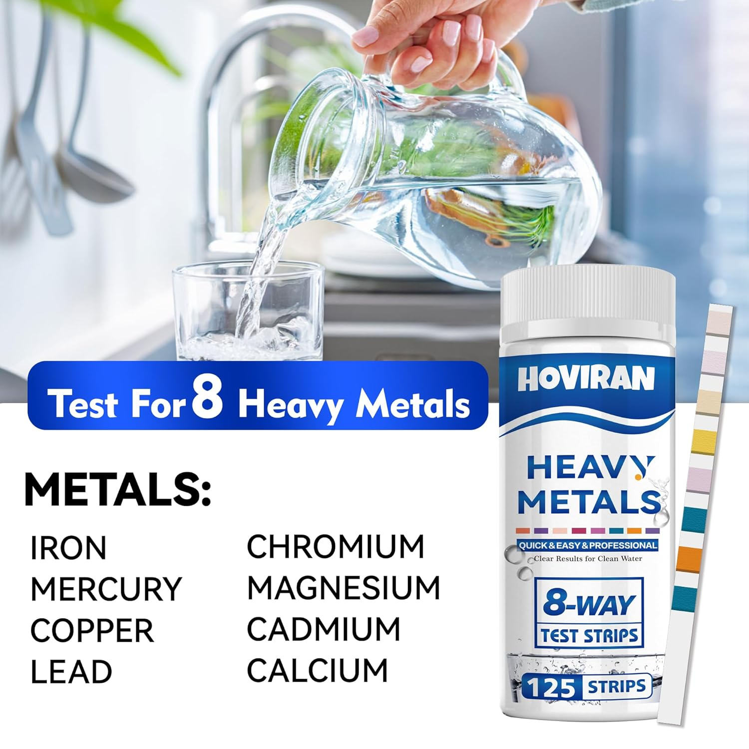 8-Way Heavy Metals Water Test Strips -125 Ct Home, Well Drinking Water Testing Kit for Iron, Mercury, Copper, Lead, Chromium, Magnesium, Cadmium, Calcium image number 5