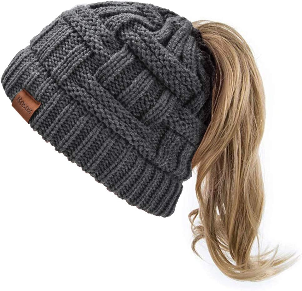 Rosoz Ponytail Beanie for Women,Winter Warm Beanie Tail Soft Stretch Cable Knit Messy High Bun Hat image number 5