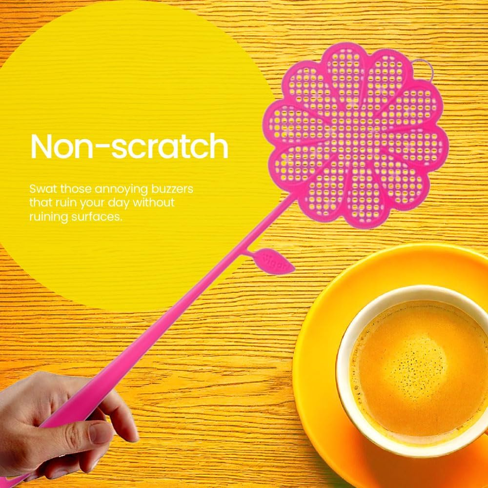 VIGAR Flower Power Fly Swatter Long, 3 Pack, 42Cm &ndash; Durable, Ergonomic Handle, Extended Reach for Indoor/Outdoor Fly Control &ndash; Blue, Pink, and Yellow image number 2