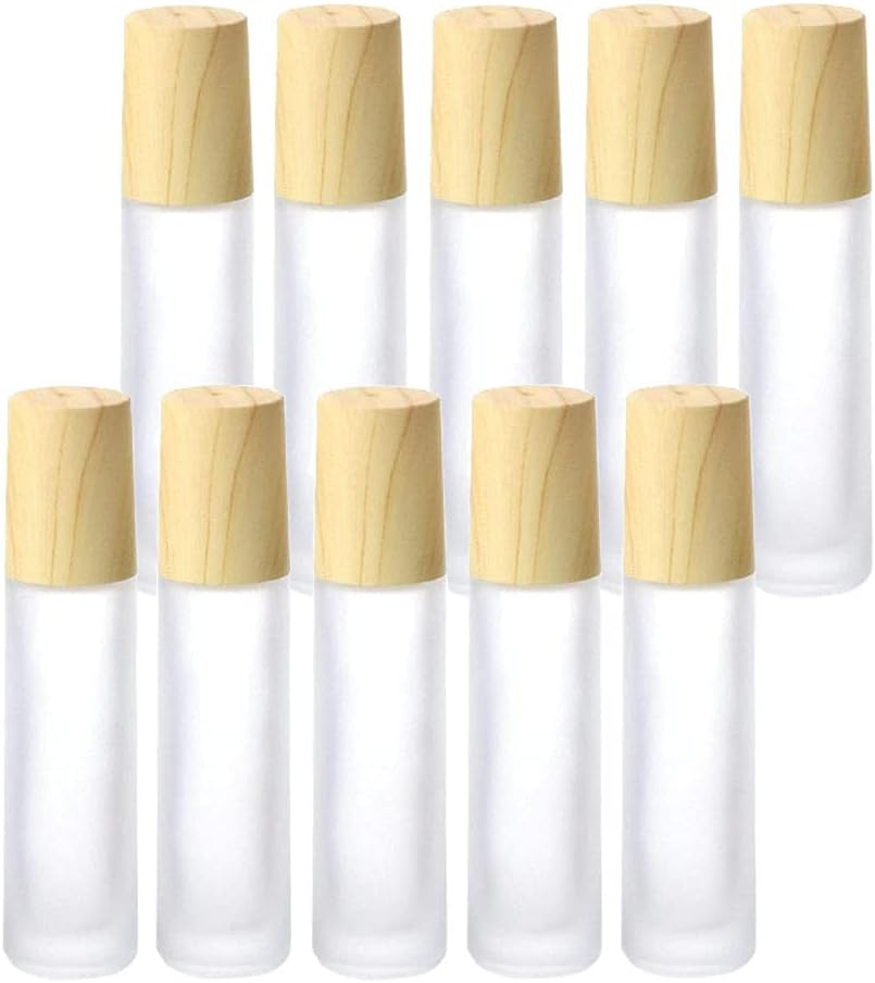 Imirootree 10Ml Essential Oil Roller Bottles High-Grade Frosted Glass Roller Bottles with Stainless Steel Roller Balls,Wood Grain Lid, for Essential Oil Cosmetic Sample ( 10 Pcs) image number 3