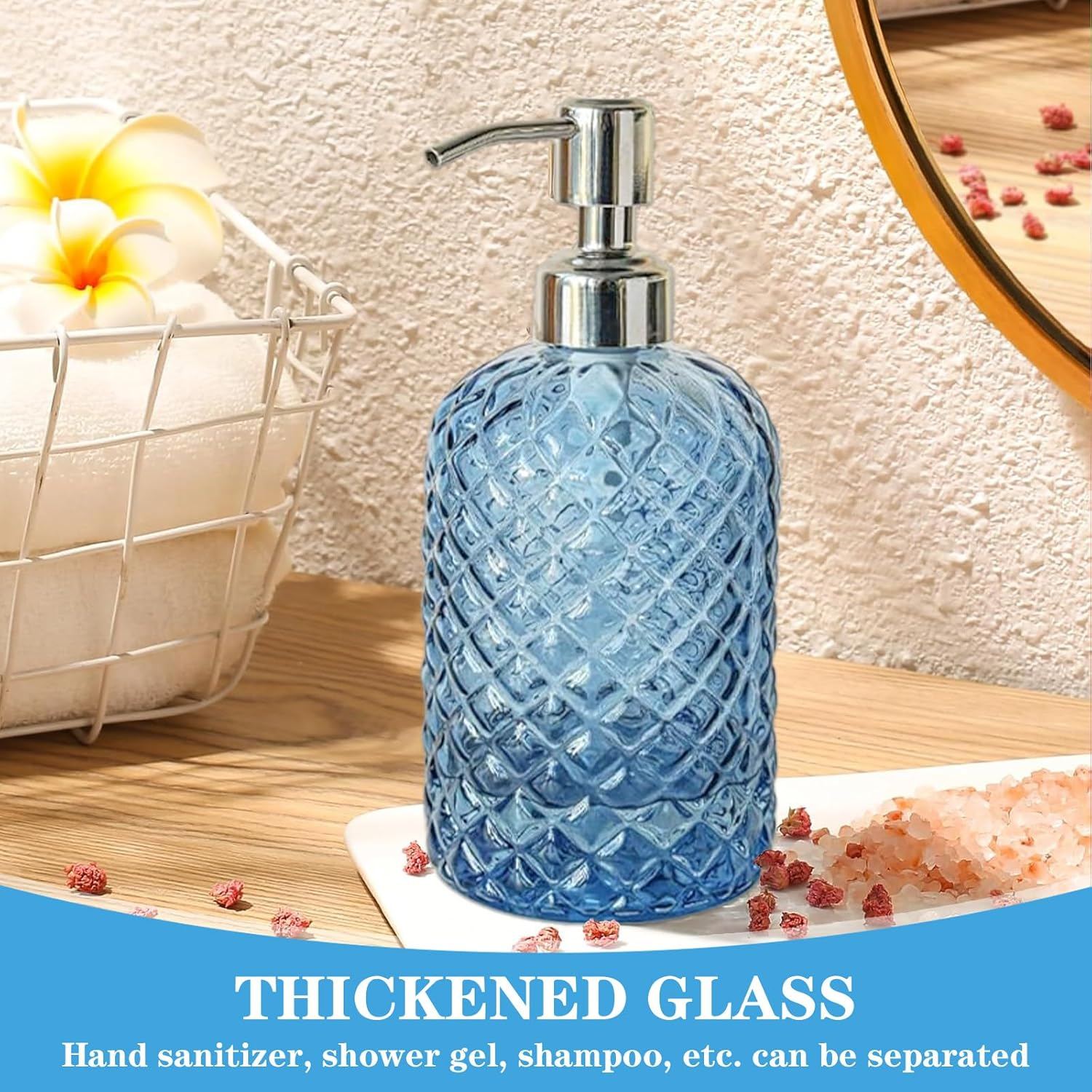 Glass Soap Dispenser Set &ndash; 2 Pack 13.5Oz (400Ml) Gem-Patterned Refillable Hand Soap Dispenser with Rust Proof Stainless Steel Pump Clear Bathroom & Kitchen Dispenser for Dish Soap, Lotion image number 5