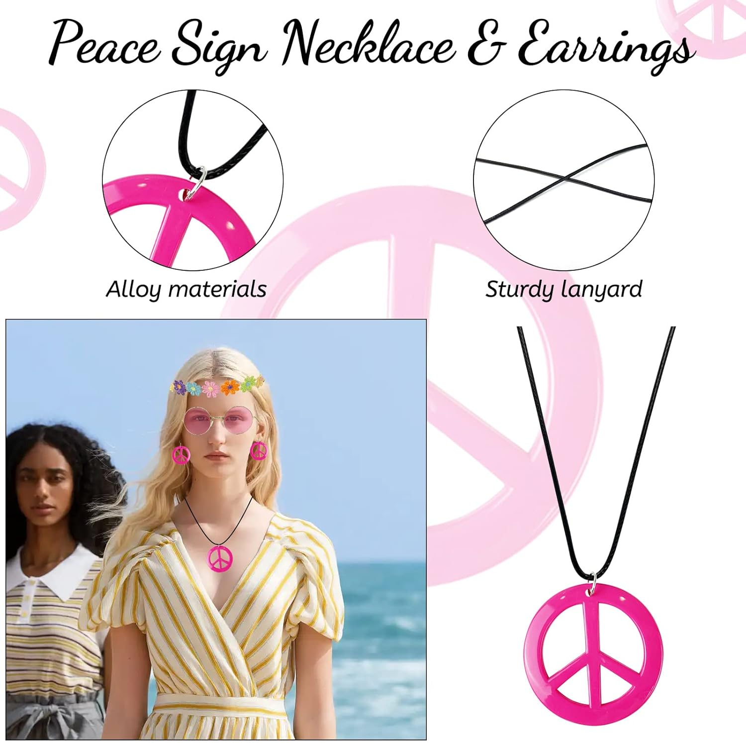Hippie Costume Set Include Peace Sign Necklace Earrings, Flower Crown Headband and Colored Sunglasses 60S 70S Women Dressing image number 5