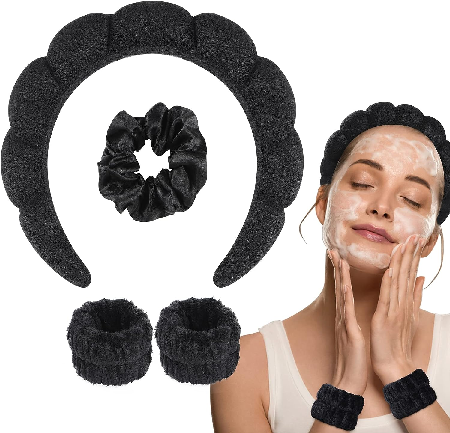 WD&CD Spa Makeup Headband Set, Headband Skincare Headband for Woman, Face Wash Wristband and Scrunchies for Hair, Coffee