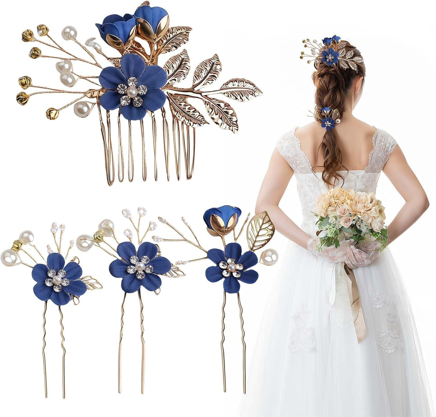 LUMOOM Set of 4 Bridal Hair Accessories, Elegant Flower Hair Comb and Hair Pins Set, Bridal and Bridesmaids Hair Clip Wedding, for Communion, Prom and Party (Royal Blue) image number 2