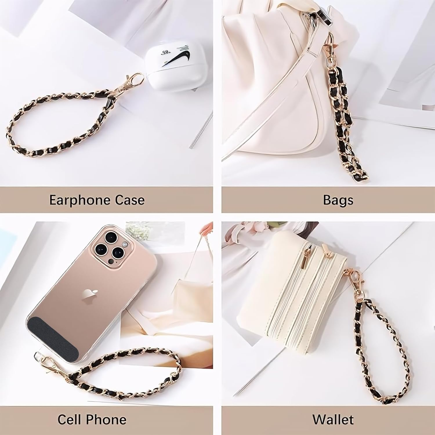 AIQIUQIU Cell Phone Charm Strap with Wrist Metal Chain Detachable Phone Lanyard for Girls Women, Adjustable Wrist Strap Hand Lanyard for All Smartphone - Black/Gold image number 2