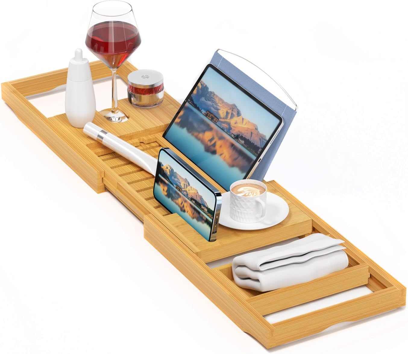 Luxury Bathtub Caddy Tray，Bamboo Bathtub Tray Caddy - Wood Bath Tray Expandable，Can Be Placed Book and Integrated Tablet Smartphone and Wine Holder - Gift Idea for Loved Ones
