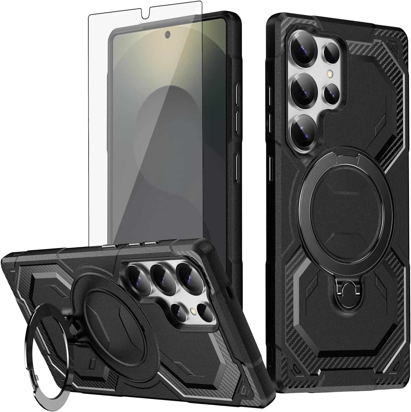 Asuwish Phone Case for Samsung Galaxy S24 Ultra 5G with Tempered Glass Screen Protector Cover and Magnetic Ring Holder Stand Cell Accessories S24Ultra 24S S 24 24Ultra Women Men Carbon Fiber Black image number 1