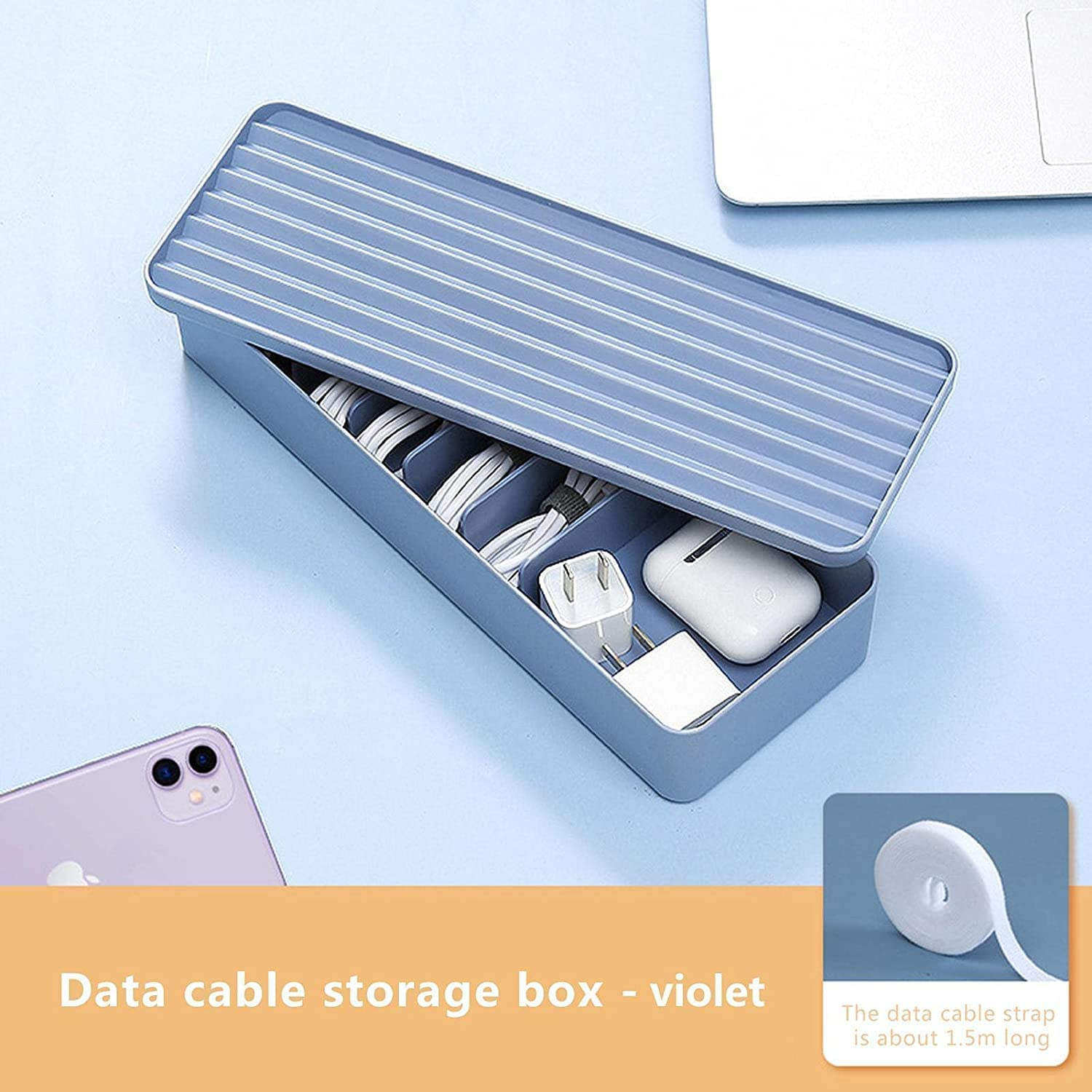Cable Storage Box, Power Cord Organizer, Cable Management Case, USB Cord Sorter with Lid & 7 Compartments 10 Wire Ties Desk Accessories Storage for Office Stationery Supplies, Makeup Box (Blue) image number 3