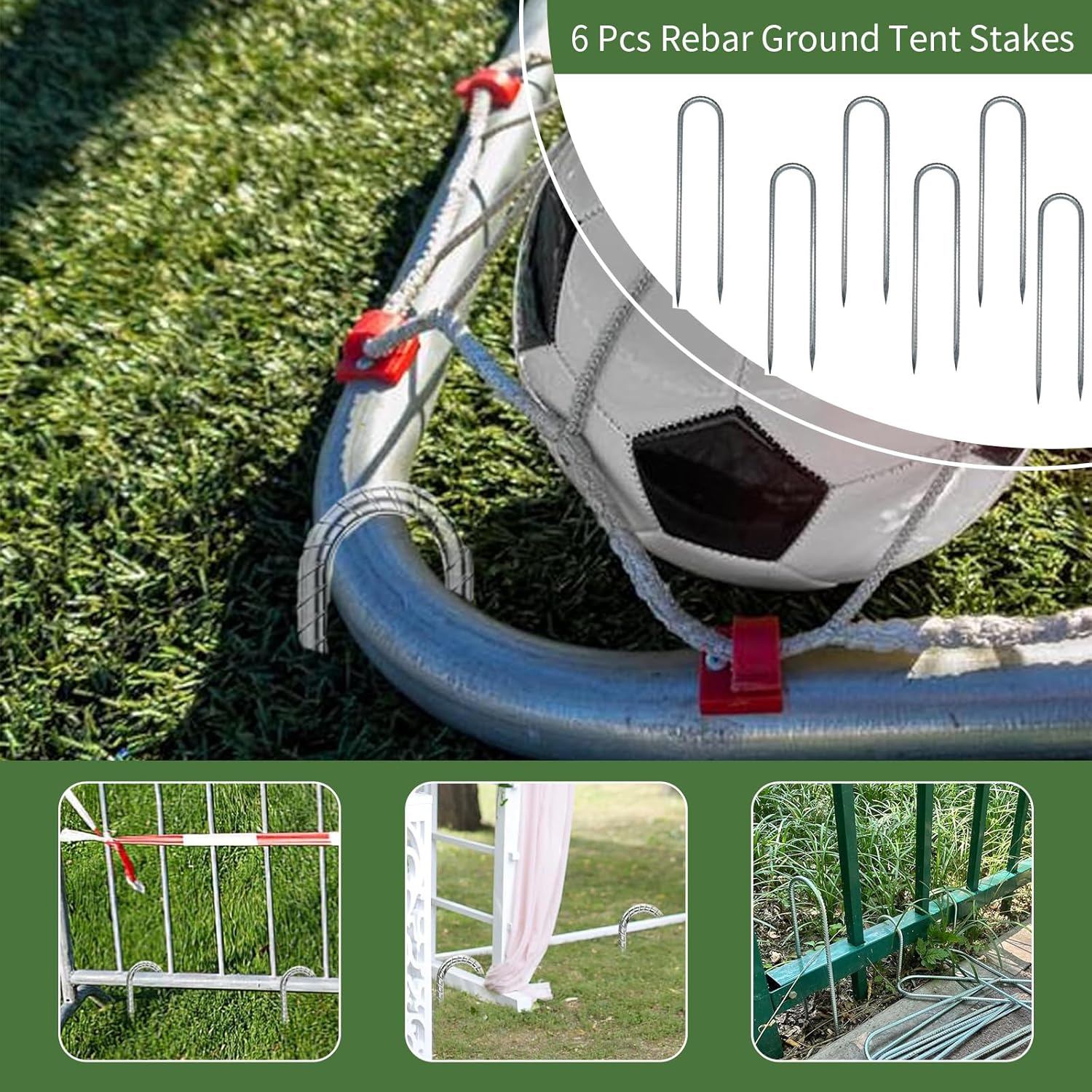 6 Pcs Rebar Ground Tent Stakes, 30CM Heavy Duty Metal Tent Pegs, Anti-Rust Galvanized Ground Anchor, Outdoor Camping Tent Stakes, Ground Anchor U Shaped Ground Nails for Garden Trampoline Swing (6) image number 5