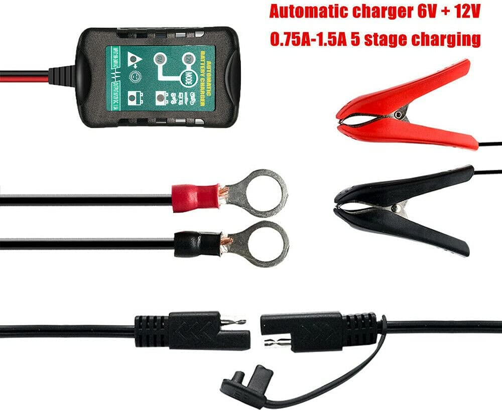 6V 12V 1.5A Car Motorcycle Battery Charger, 7-60Ah, 2-Pin, IP64, Desulfation, Bulk, Absorbtion, Float, Winter Mode, Reverse Polarity Protection image number 1